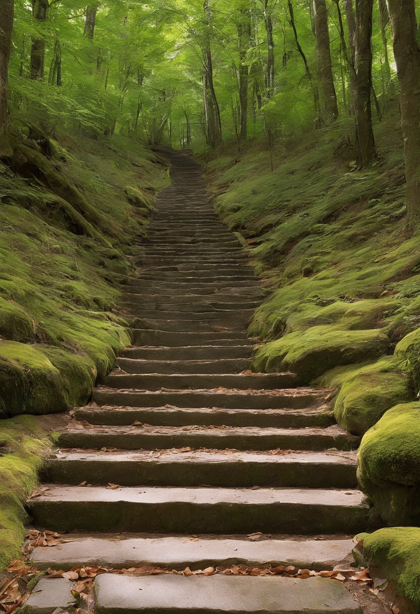 Close-up of stone steps in the forest that have fallen to the ground, Beautiful fece, Steps, 400 steps, stairway to heaven, stairs, Falling Magic Leaves, by Kanō Tan'yū, 🕹️ 😎 🚬, stairs from hell to heaven, aomori japan, amazing composition, steps leading down、Climb to the top、You can see the top、Reaching the summit