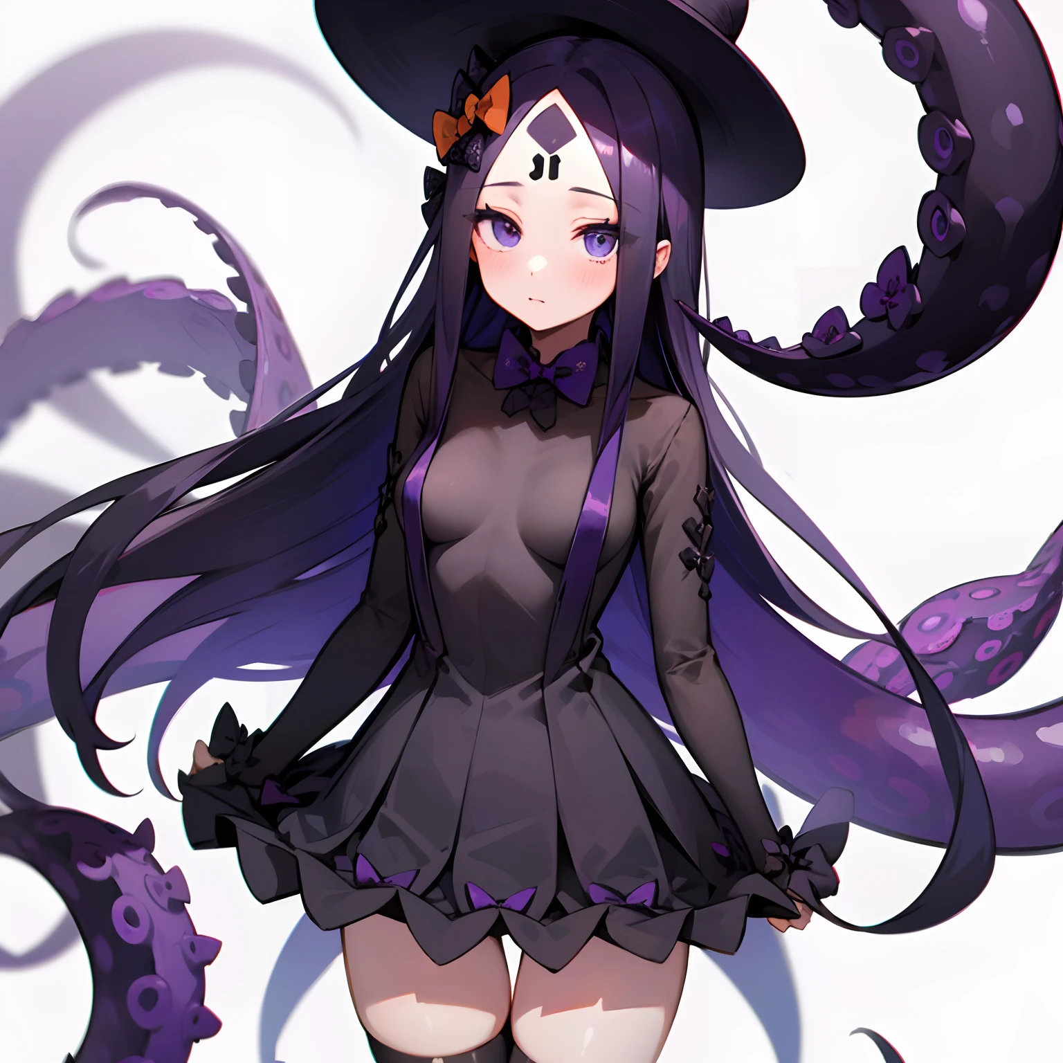 1girl, solo, Abigail Williams+Ninomae Inanis, young woman, black hair, long hair, hairbow, medium breasts, purple tentacles, showy purple dress, threaded dress, partially naked, gorgeous girl, slim figure, black legwear
