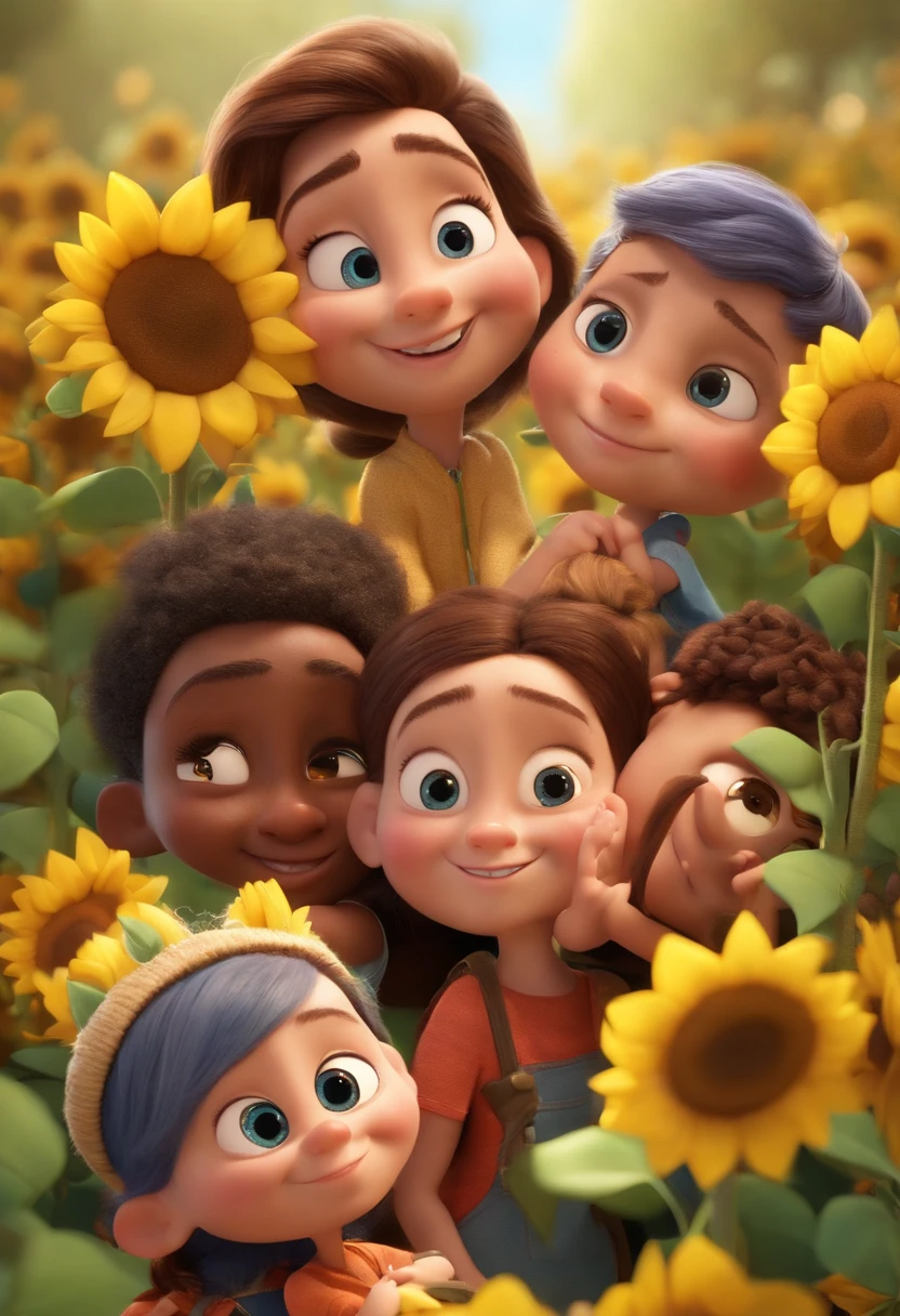 Create a Disney PIXAR-style 3D poster. ((centro da imagem, Triplets)), ((3 children)) ((1 menino no meio e 2 meninas ao lado, They're hugging each other, O menino tem pele castanha e cabelos castanhos escuros e olhos castanhos escuros, 1 menina tem pele clara, olhos e cabelos escuros e cacheados, e a outra menina tem pele morena, olhos escuros e cabelos escuros e lisos)) ((tudo isso no estilo Disney PIXAR 3D, In the background, A house of sunflowers, Gloria Studio, The garden is full of nature 3D render RTX clay material, estilo de design cartunesco, POP Mart, soft lighting, linhas suaves, Spring tilt, Detailed illustrations of PIXAR 3D, Detalhes hiper-realistas, cor quente no estilo Disney PIXAR 3D))