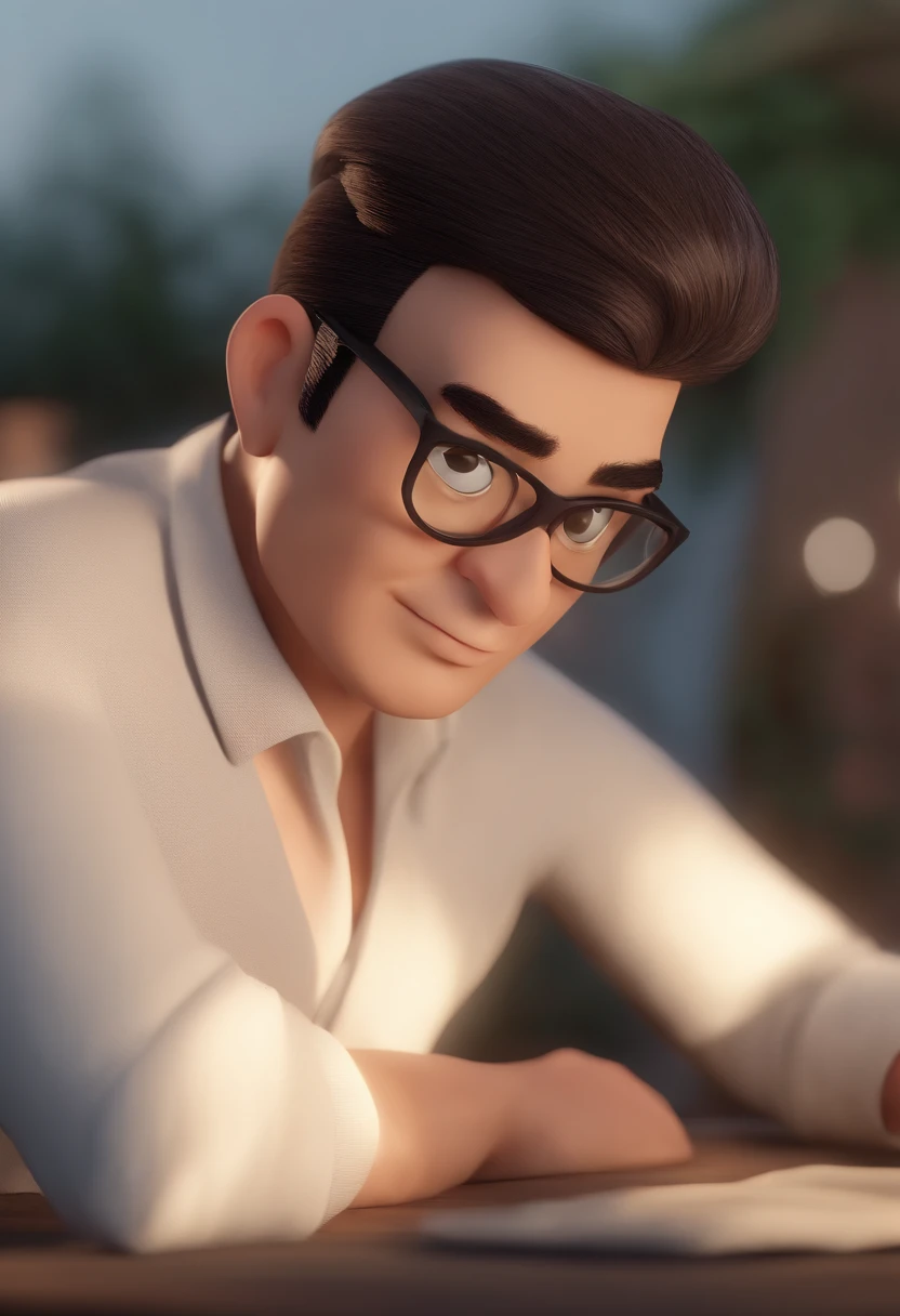 Cartoon character of a man with Japanese features and black glasses, cabelo cacheado marrom escuro, corte de cabelo degrade e uma camisa preta, animation character, Caractere estilizado, animation style rendering, 3D estilizado, Arnold Maya render, 3 d render stylized, toon render keyshot, Personagem 3D, Personagem 3D, 3d rendering stylized, 3 d character render, personagem de desenho animado, Personagem de close up, Pose de personagem,  (Estilo Pixar) (master part:1.2) (Bokeh) (best quality) (pele detalhada) (textura detalhada) (8k) (argila) (Cinematic lighting) (foco nítido