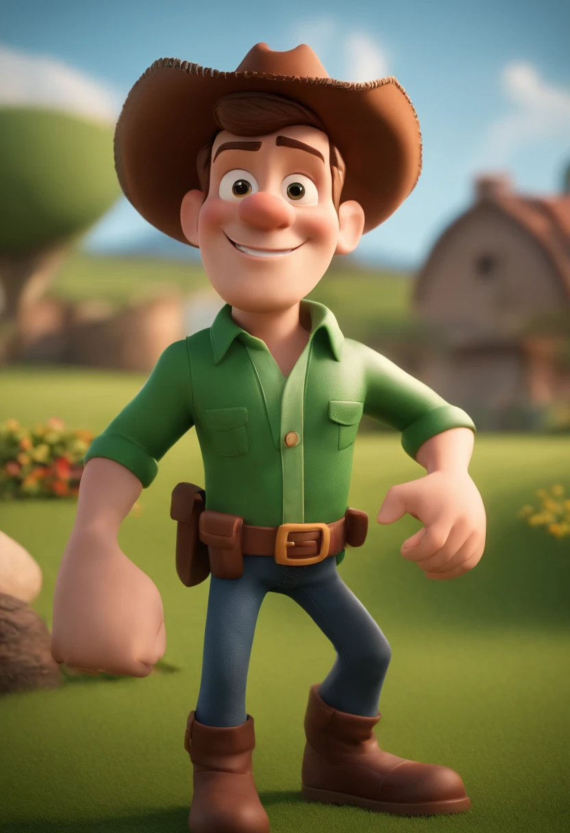 Personagem de desenho animado de um homem de 24 anos, usando uma camisa verde, um personagem animado, Caractere estilizado, animation style rendering, 3D estilizado, Arnold Maya render, 3 d render stylized, toon render keyshot, Personagem 3D, Personagem 3D, 3d rendering stylized, 3 d character render, personagem de desenho animado, Personagem de close up, Pose de personagem, (Estilo Pixar) (master part:1.2) (Bokeh) (best quality) (pele detalhada) (textura detalhada) (8k) (argila) (Cinematic lighting) (foco nítido，standingn, in front of a rural area