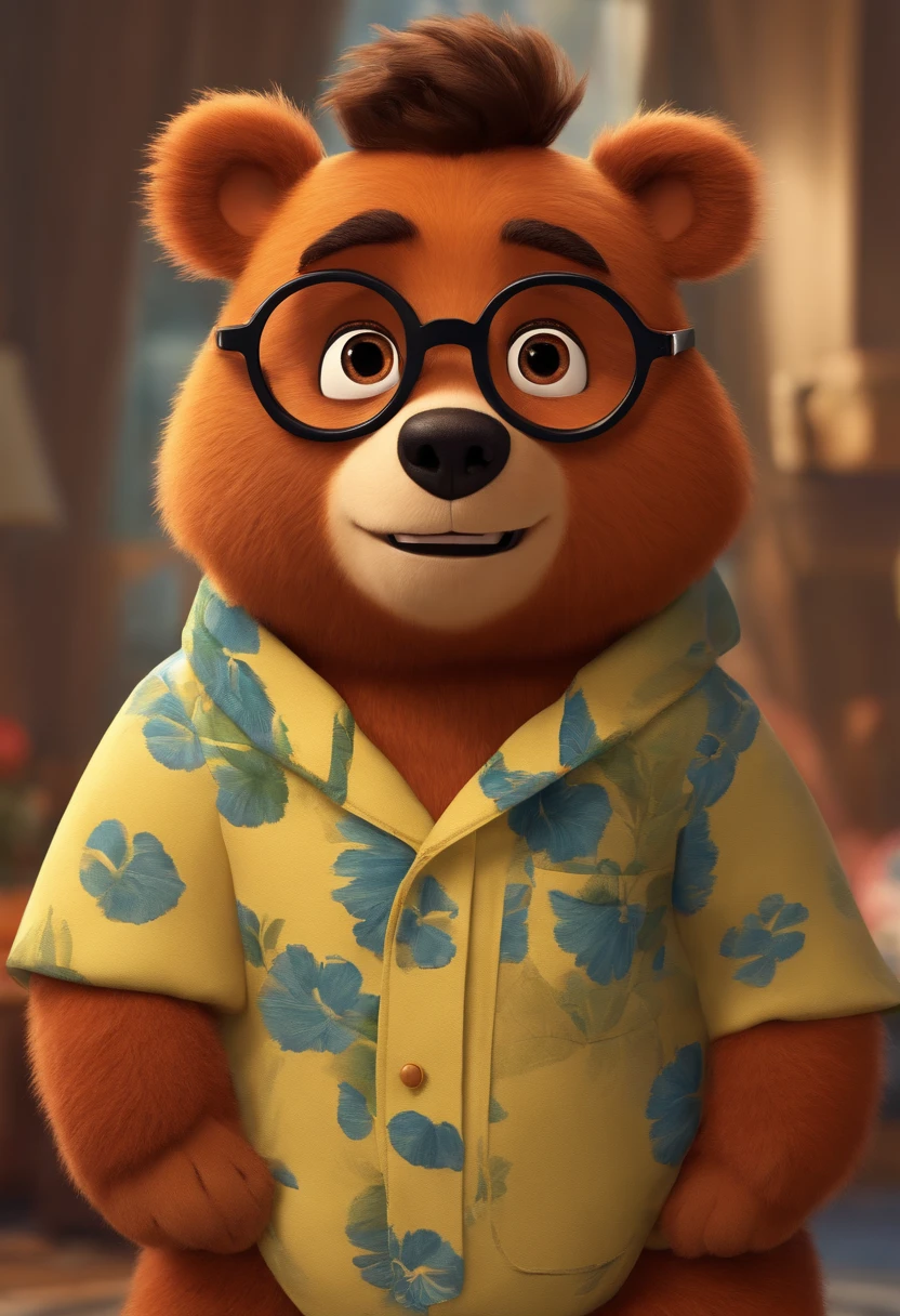 Menino estilo desenho animado, Pixar, wearing round glasses, segurando um urso de pelucia, roupa de escoteiro,