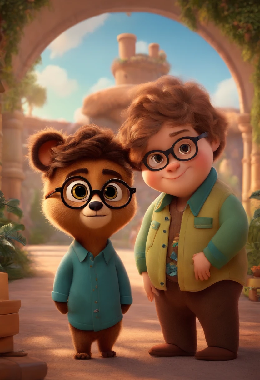 Menino estilo desenho animado, Pixar, wearing round glasses, segurando um urso de pelucia, roupa de escoteiro,