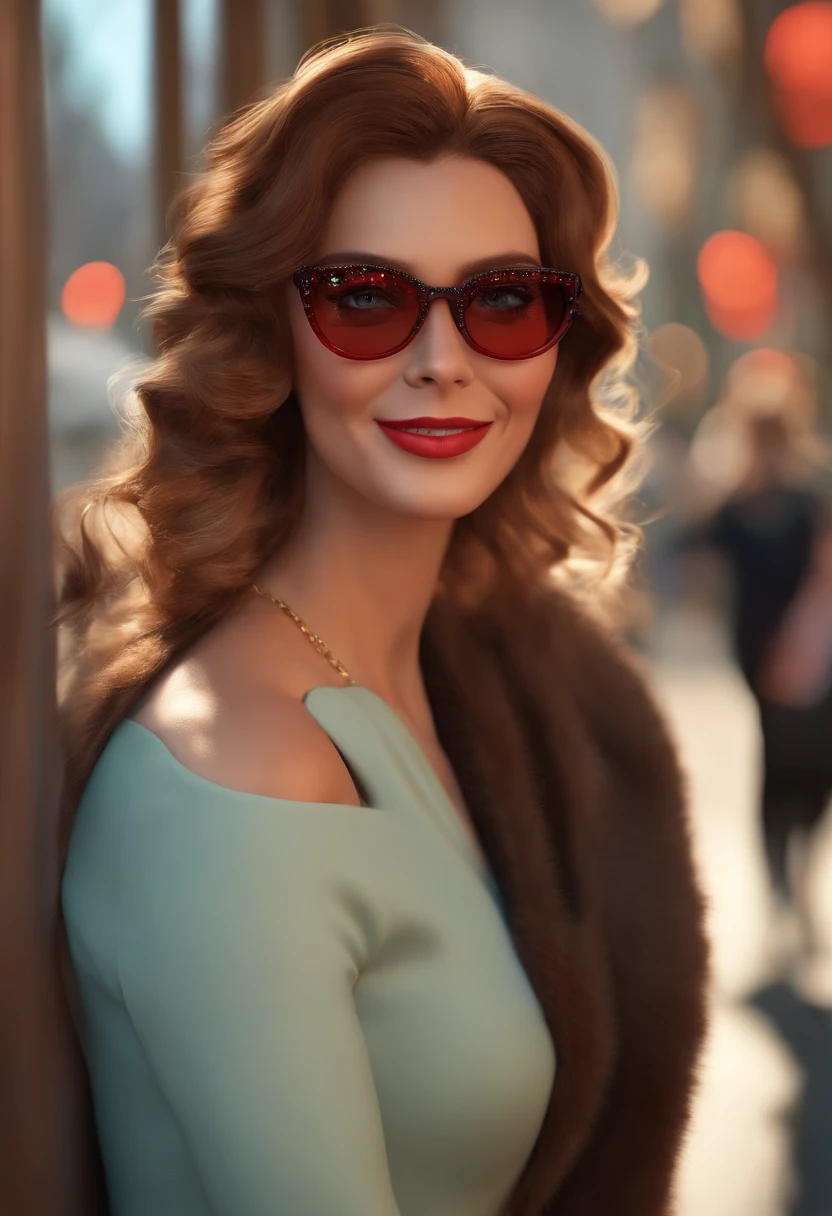 "(best quality,ultra-detalhado,Realistic:1.37),3D rendering,illustration,design de personagens,cabelos curtos e levemente escuros,belos olhos detalhados,wearing red glasses,Estilo Pixar, branca mulher, mexendo no celular Disney,atmosfera animada,vivid colors,luzes de palco,expression joyful"