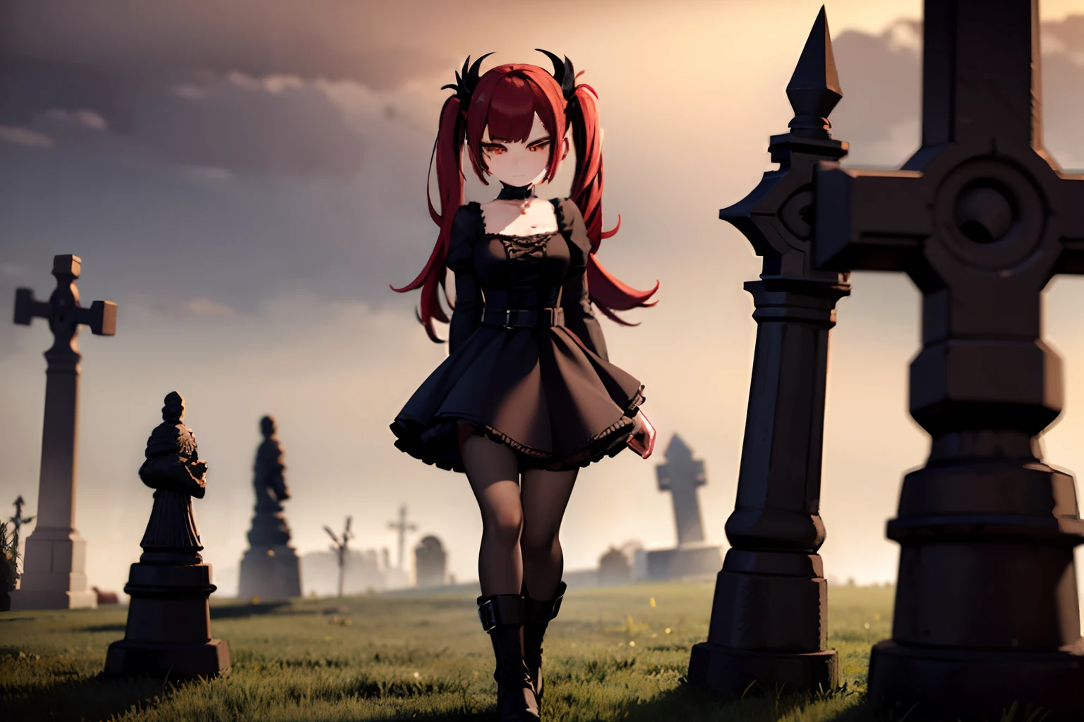 young woman, red hair, yellow eyes, black dress, twintails, black boots, gothic ****ta, goth, white flowers in scenerie, 4k, in a cemetery, 4k, cloudy time, grey sky, looking at viewer, mannequins behind,