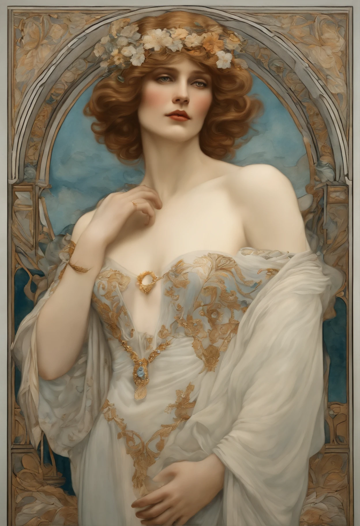 Uma pintura em aquarela super detalhada altamente definida,Um homem masculo com as roupas rasgadas chorando, Anthropomorphic male, figura masculina, arte detalhada da capa, Como um deus das flores, No estilo de Alphonse Maria Mucha e Gustave Kilmut, Acentos Arte Nova, Alphonse Mucha, Gustavo Klimt, pale bluish skin, a marble sculpture, CGSesociedade, gothic art, Arte Nova, Vencedor do concurso Behance