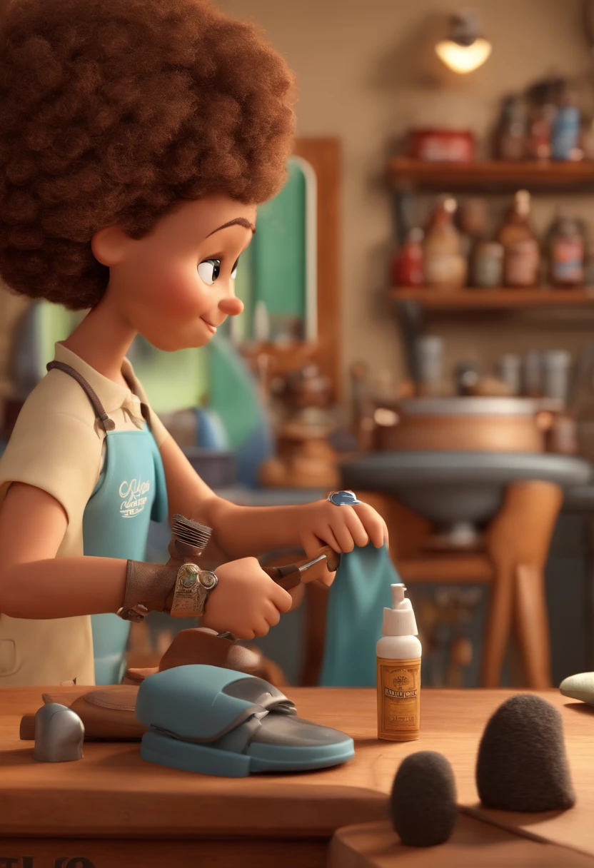 Create a Disney PIXAR-style 3D poster. ((Um barbeiro cortando o cabelo de um cliente )), ((em uma barbearia )) ((Barber's big hair and tattoos on his arm and a written badge (( Léo Ferreira)), They're happy,O barbeiro tem pele castanha e cabelos castanhos claros e olhos castanhos escuros, o cliente tem pele clara, olhos e cabelos escuros e lisos)) ((tudo isso no estilo Disney PIXAR 3D, Soul Film Studio , 3D render RTX material de argila, estilo de design cartunesco, POP Mart, soft lighting, linhas suaves, Spring tilt, Detailed illustrations of PIXAR 3D, Detalhes hiper-realistas, cor quente no estilo Disney PIXAR 3D))
