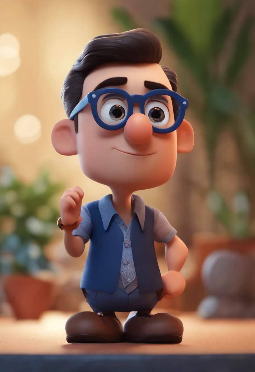 Cartoon character of a man wearing black glasses and a blue shirt, um personagem animado, Caractere estilizado, animation style rendering, 3D estilizado, Arnold Maya render, 3 d render stylized, toon render keyshot, Personagem 3D, Personagem 3D, 3d rendering stylized, 3 d character render, personagem de desenho animado, Personagem de close up, Pose de personagem, (Estilo Pixar) (master part:1.2) (Bokeh) (best quality) (pele detalhada) (textura detalhada) (8k) (argila) (Cinematic lighting) (foco nítido，Senta e vaza a parte superior do corpo