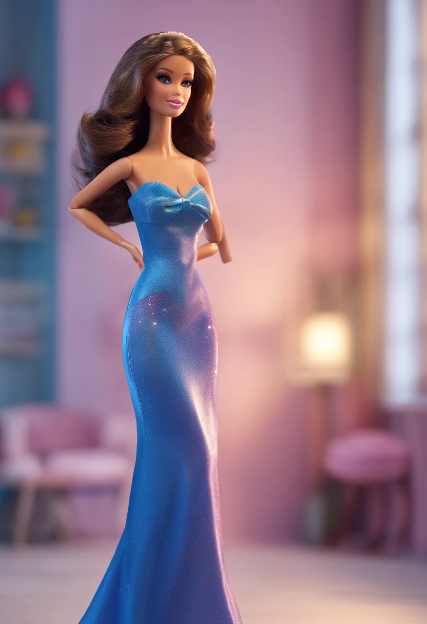 BARBIE COM UM VESTIDO AZUL LONGO E BRILHANTE