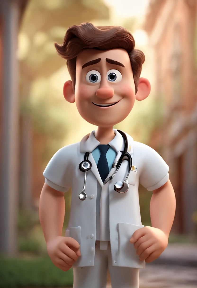 Cartoon character of a doctor with black eyes and big eyelashes, boca desenhada e nariz fino, com cabelos loiros e crespo e barba, Inside a Clinical Animation Character, Caractere estilizado, animation style rendering, 3D estilizado, Arnold Maya render, 3 d render stylized, toon render keyshot, Personagem 3D, Personagem 3D, 3d rendering stylized, 3 d character render, personagem de desenho animado, Personagem de close up, Pose de personagem, (Estilo Pixar) (master part:1.2) (Bokeh) (best quality) (pele detalhada) (textura detalhada) (8k) (argila) (Cinematic lighting) (foco nítido