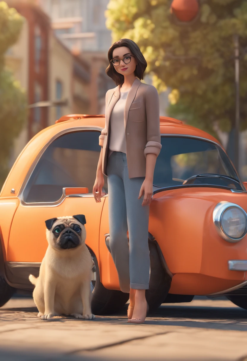 Estilo Pixar: mulher cabelo loiro cimprido, fofinha, baixinha , Green eyes with an apricot Pug and two Siamese cats in gray color with background a black car with sunroof