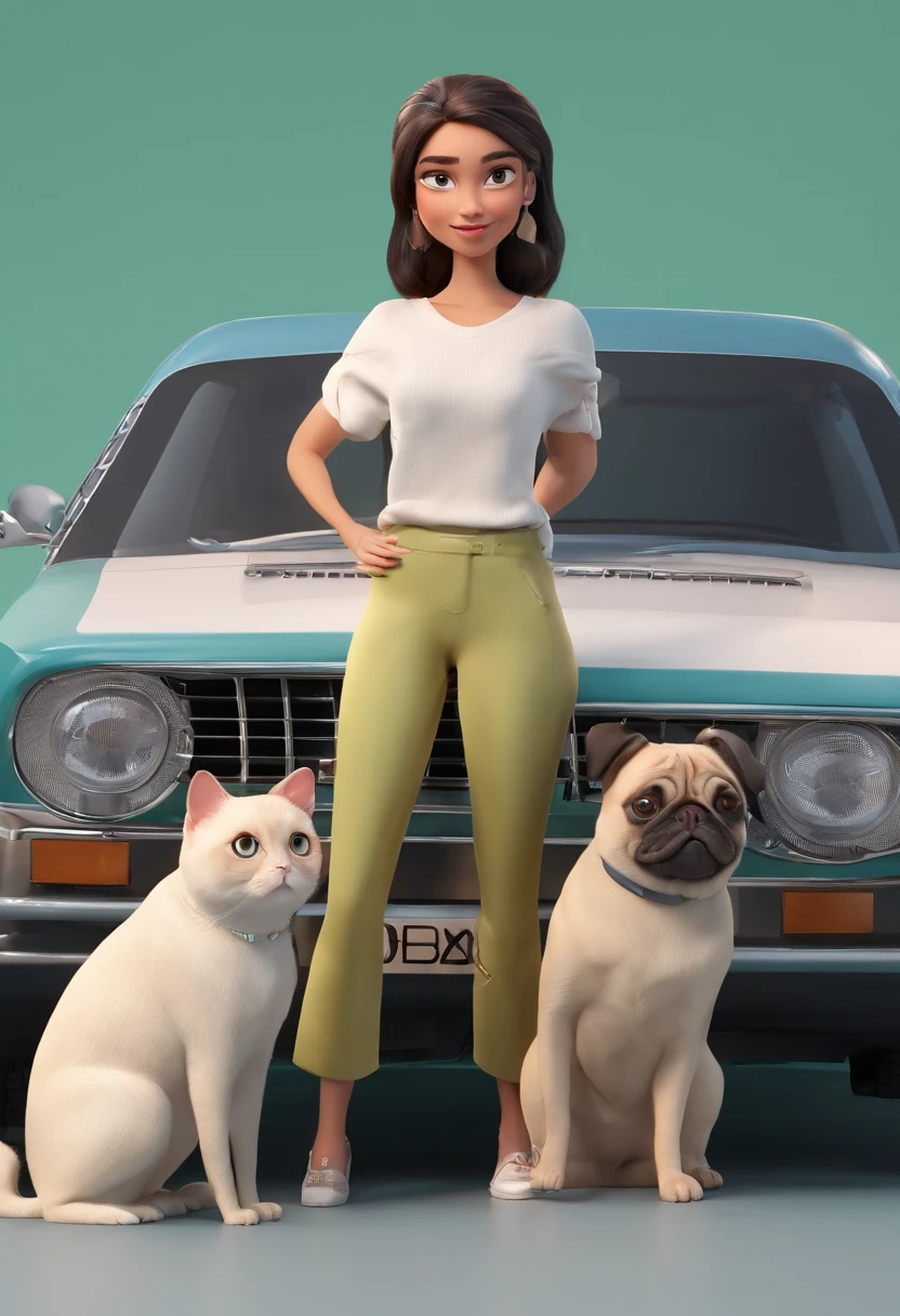 Estilo Pixar: mulher cabelo loiro cimprido, fofinha, baixinha , Green eyes with an apricot Pug and two Siamese cats in gray color with background a black car with sunroof