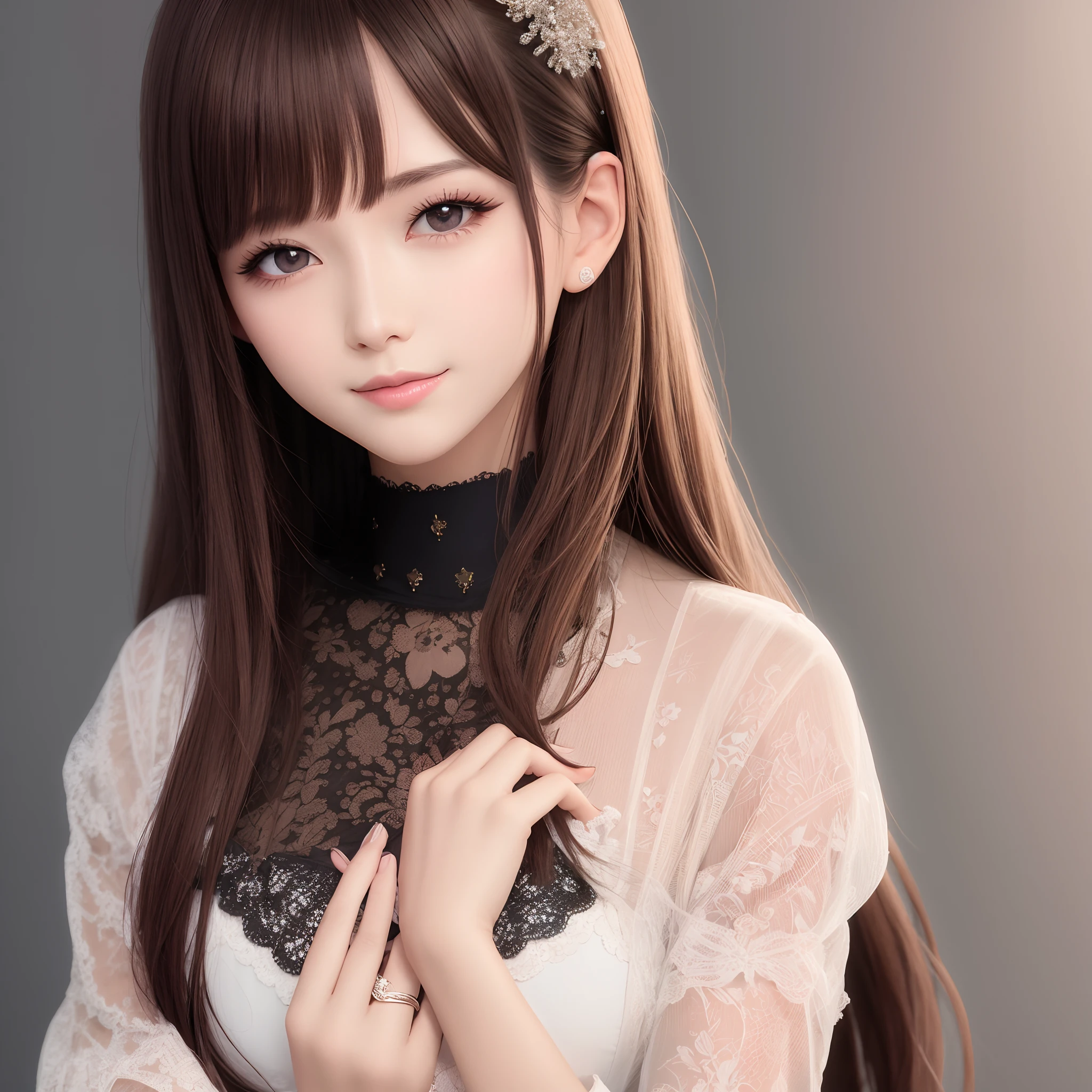 top-quality、realisitic、Photorealsitic、ighly detailed、extremely delicate and beautiful、RAW Photos、Professional Lighting、Dynamic lighting、Facial light、depth of fields、Solo Focus、full body Esbian、20 year old woman、brown haired、Brown-eyed, Smaller head, Fashion girls, beautidful eyes, tiny chest, True Face, Real Skin, Lifelike face, real looking skin, A detailed eye, detailed facial features, detailed clothes features, (Fashion clothes:1.3), (Fashion Hairstyles: 1.3) dynamicposes、line of sight、simple background、A smile、detailed face and breast、(pureerosface_v1:0.33)、(ulzzang-6500:0.33)、
