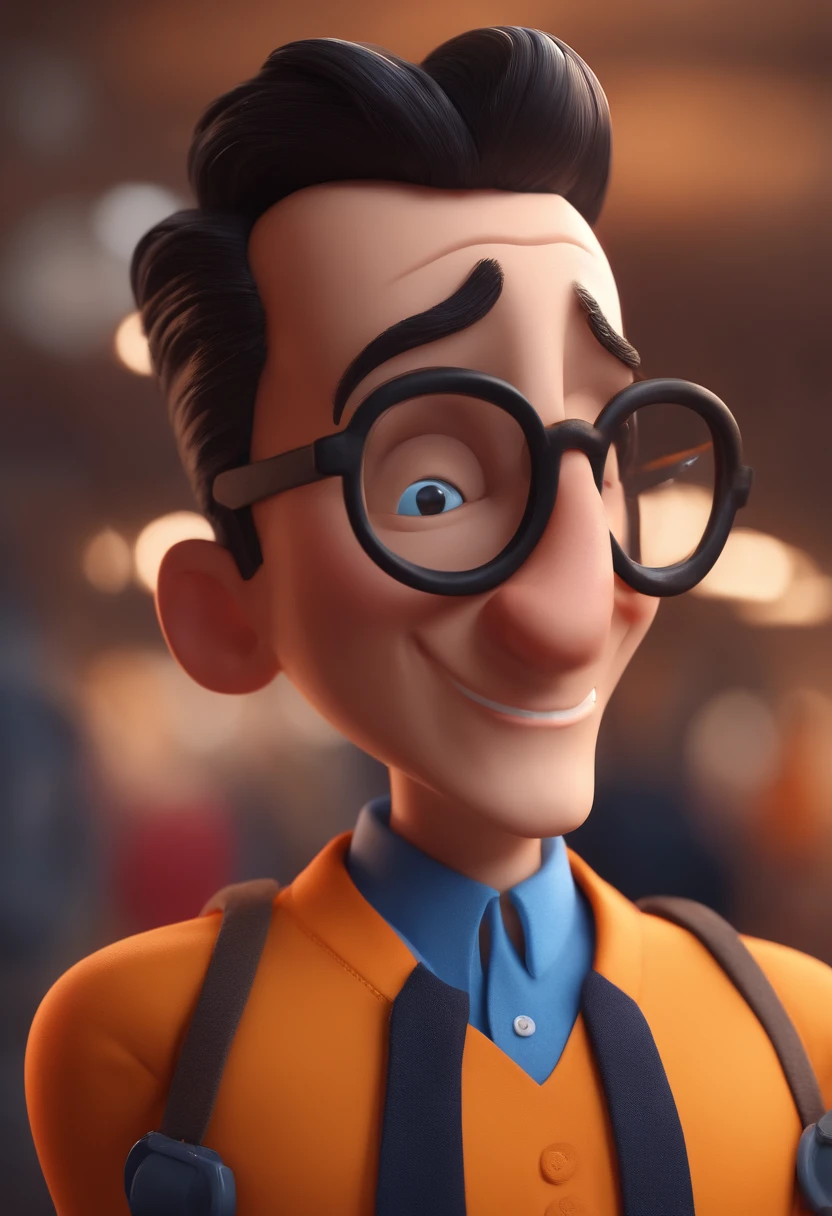 Cartoon character of a man with black glasses and a blue shirt, animation character, Caractere estilizado, animation style rendering, 3D estilizado, Arnold Maya render, 3 d render stylized, toon render keyshot, Personagem 3D, Personagem 3D, 3d rendering stylized, 3 d character render, personagem de desenho animado, Personagem de close up, Pose de personagem, (Estilo Pixar) (master part:1.2) (Bokeh) (best quality) (pele detalhada) (textura detalhada) (8k) (argila) (Cinematic lighting) (foco nítido