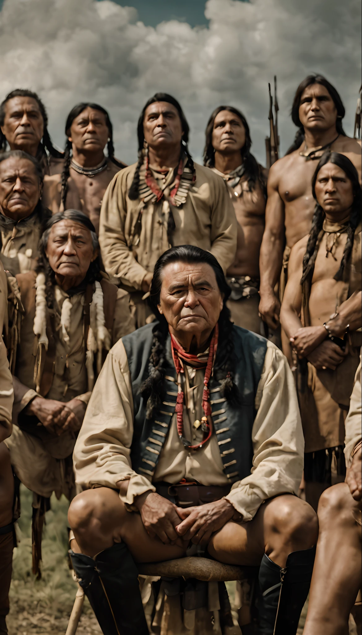 masterpiece, best quality, A group of American Cherokees with one man as chief, giving a speech to a large group of Cherokees, shot from afar, serious face, realistic, looks real, cinematic, scrathes, full body, face expression clear
