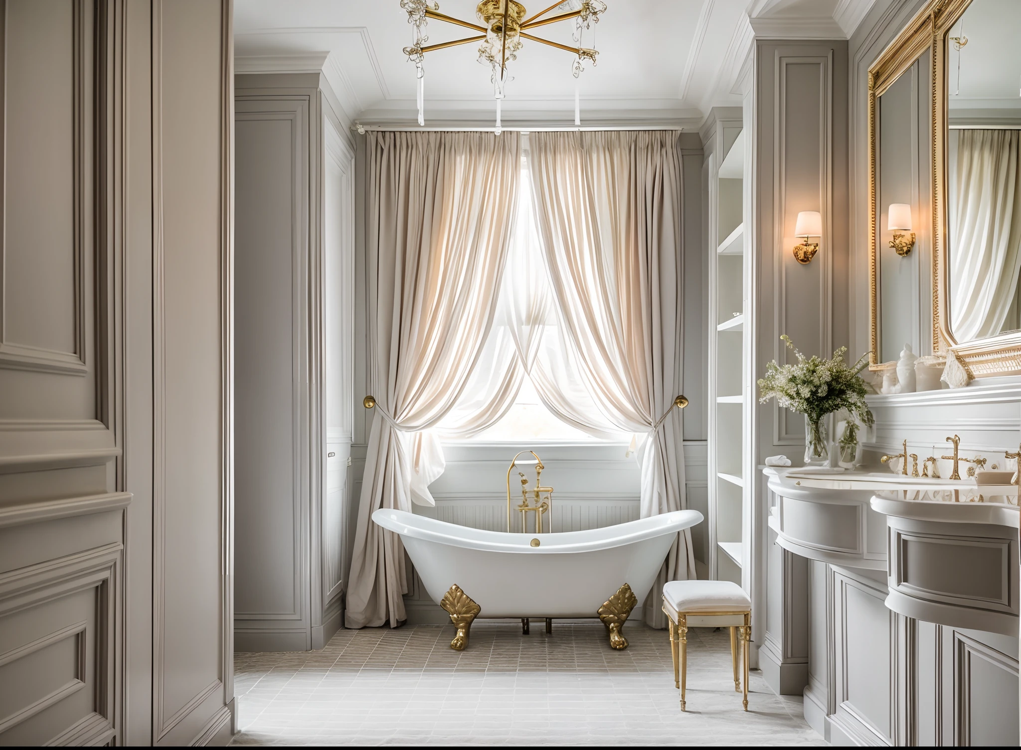 "bathroom in neoclassical style, gray tones with a bit of luxury, ceiling lights, table lamps, highlights, patterned carpet. mirror.",day, 8k uhd, dslr, soft light, quality high, soft light, film grain, Fujifilm XT3