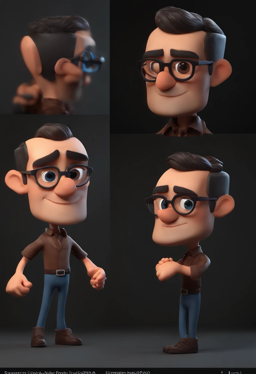 Cartoon character of a man with black glasses, cabelo cacheado marrom escuro e uma camisa azul, animation character, Caractere estilizado, animation style rendering, 3D estilizado, Arnold Maya render, 3 d render stylized, toon render keyshot, Personagem 3D, Personagem 3D, 3d rendering stylized, 3 d character render, personagem de desenho animado, Personagem de close up, Pose de personagem, (Estilo Pixar) (master part:1.2) (Bokeh) (best quality) (pele detalhada) (textura detalhada) (8k) (argila) (Cinematic lighting) (foco nítido