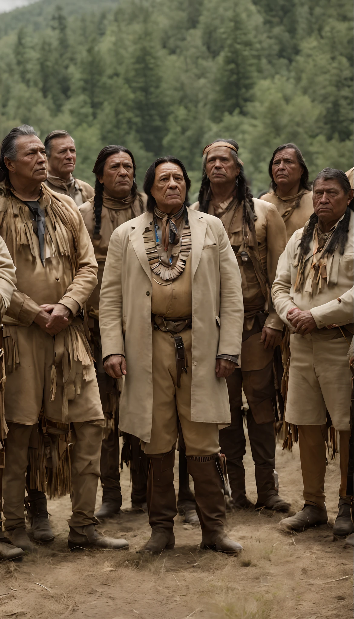 masterpiece, best quality, A group of American Cherokees with one man as chief, giving a speech to a large group of Cherokees, shot from afar, serious face, realistic, looks real, cinematic, scrathes, full body, face expression clear