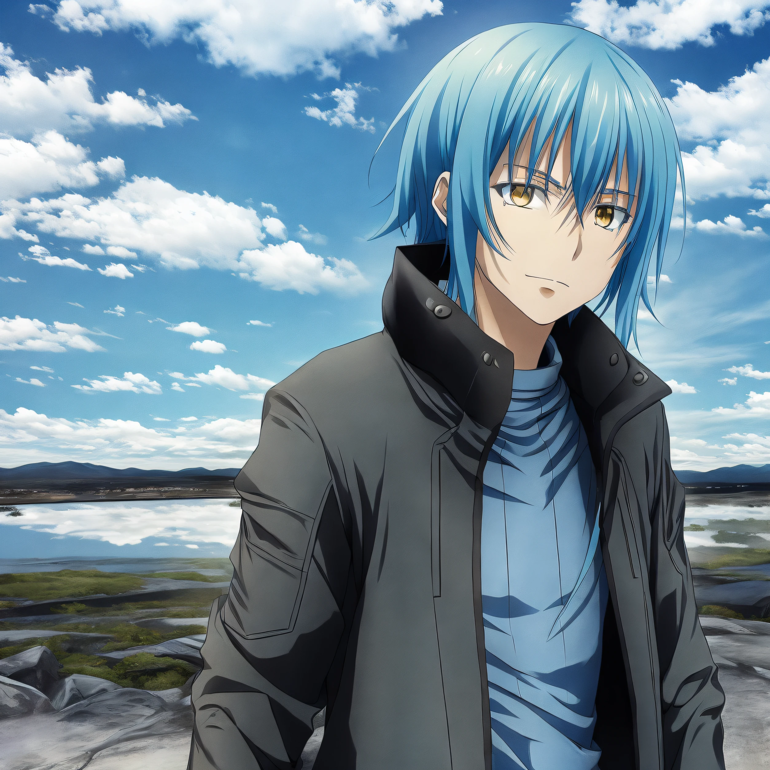 photo of rimuru tempest, 1boy, sunny, clouds, wearing a jacket, cyberpunk setting
