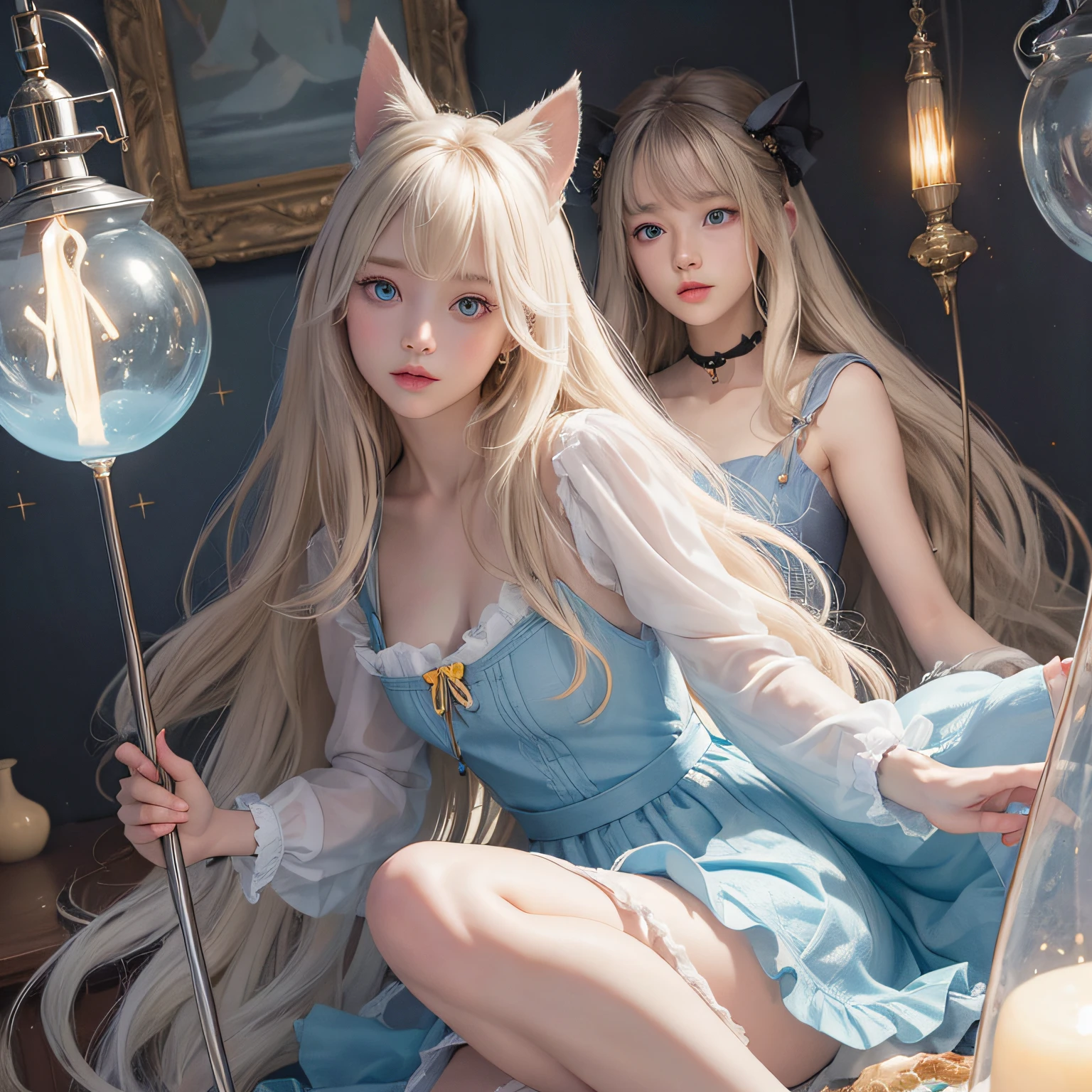 bright expression、photorealisim、top-quality、超A high resolution、a picture、Photo of an exquisitely beautiful Nordic-born girl、Extraordinary beautiful girl、Detailed cute and beautiful face、(pureerosface_v1:0.008)、Beautiful bangs、alice in the wonderland、18year old、Glowing white shiny skin、facial hairs、Bangs that extend to the face、Bangs between the eyes、Super long hair、Attractive light and dark platinum blonde super long straight silky hair、finer hair、Attractive glowing beautiful bright clear light blue big eyes、White Apron、Yellow dress、eye liner、Double eyelids、Lush bust、2 girls in、Cat's ears、