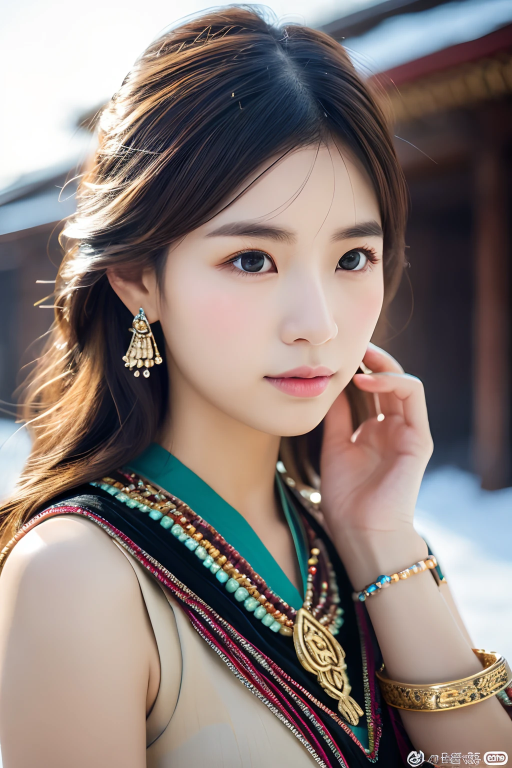 Miao Jin,Hmong,1girll,Solo,jewelry,Brown hair,architecture,ring,Bracelet,east asian architecture,hair adornments,Beads,Brown eyes,Outdoors,necklace,Building,Snow,Long hair,Sitting,dress,traditional garb,Earrings,Lips,A high resolution,Extremely detailed,Best quality,Masterpiece,illustration,An extremely delicate and beautiful,Extremely detailed,CG,Unity,8K wallpaper,Amazing,finedetail,Masterpiece,Best quality,offcial art,Extremely detailed Cg Unity 8K wallpaper,light in face,Cinematic lighting,Upper body,