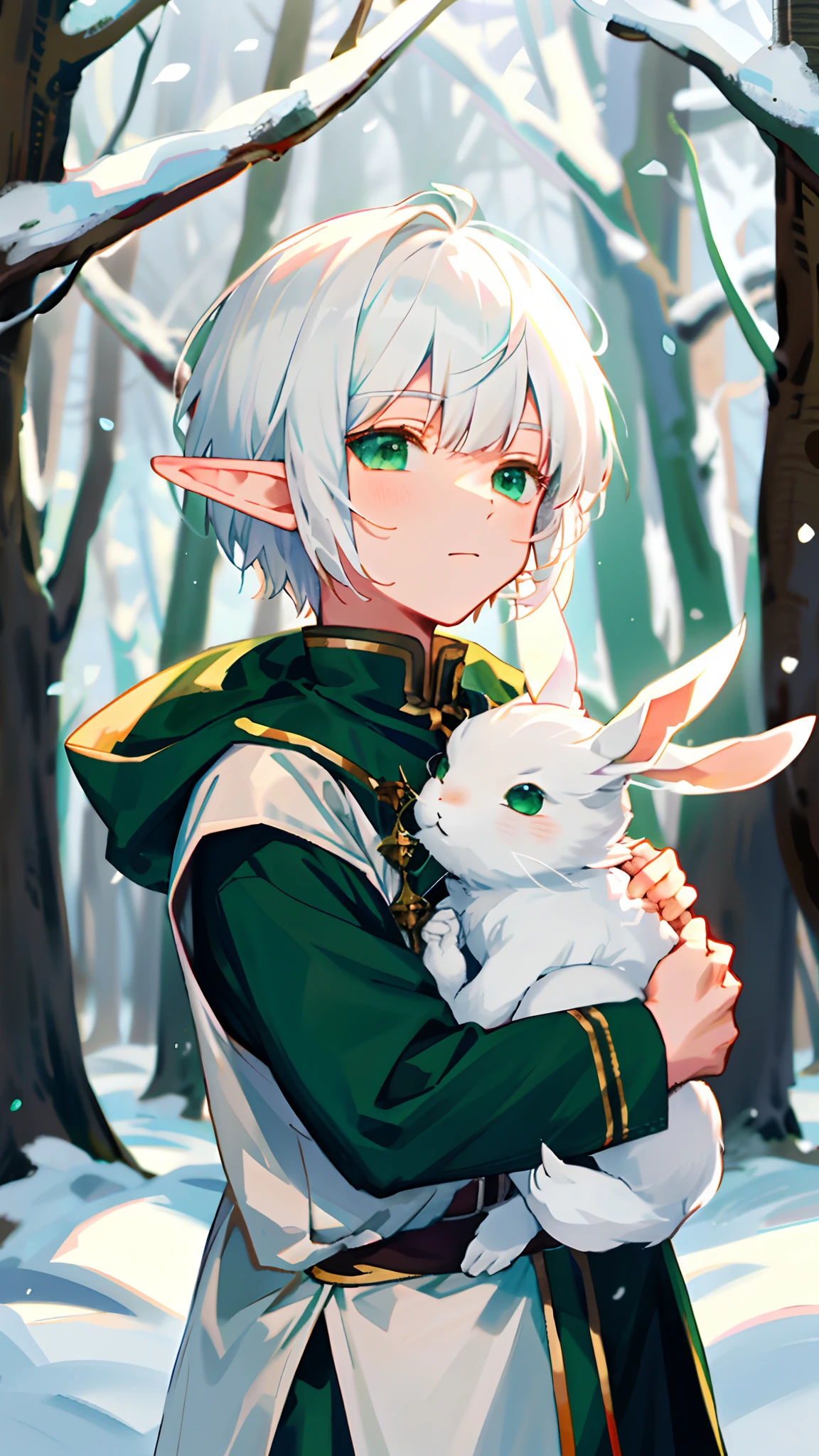 male,(rabbit),white hair,forest,Sunlight,Perfect light,hairy,animal ears,Tail,squatting position,Crouching very close,young,one person,Facing the camera,portrait,White clothes,front,