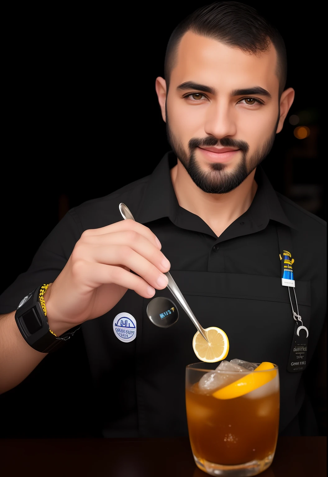 Man in black shirt holding a spoon with a lemon, Bartending, misturar bebidas, coquetel de bebida, guarnecer, Retrato no meio da foto, inspired by Germán Londoño, obra-prima obra de arte, segurando uma bebida, em um fundo escuro, tiro profissional, Tiro em Sony A 7 III, close up foto de retrato, com uma bebida