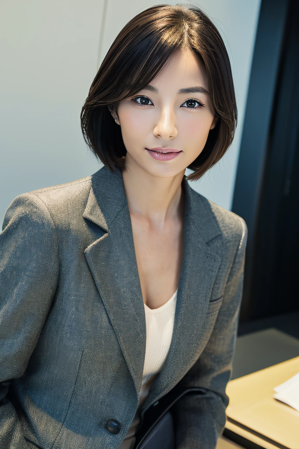 Wearing a suit Female boss of the company Officelady Working Woman Japan woman in her early 30s A dark-haired short-hair Beautie Beautuful Women Sensible Strong-minded face shinny skin best qualtiy、masterpiece、(Photorealsitic:1.4) (perfectly proportions)(photos realistic)(Best Quality) photographed in a Canon EOS R5, 50mm Lens, F/2.8, nffsw, (8K) (foco nítido) clothed、(Photo Real:1.4)、(hyper realisitic:1.4)、(realisitic:1.3)、 (Smoother lighting:1.05)、(Improved lighting quality in movies:0.9)、32K、 girl with、Realistic lighting、back lighting、Facial light、raytrace、(Brightening light:1.2)、(Increase quality:1.4)、 (Top quality real texture skins)、finely eye、finerly detailed face、glowy skin anatomically correct body form
