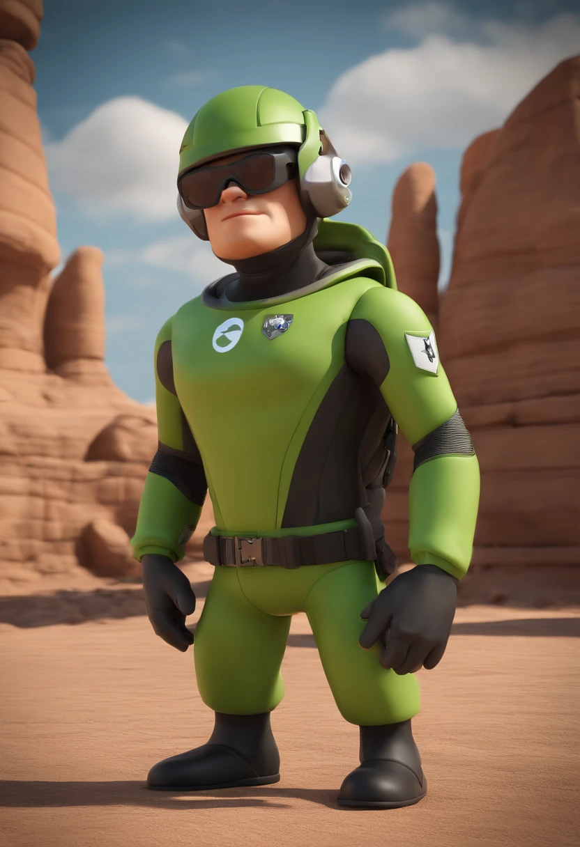 Cartoon character of a man with sunglasses with green flight suit, segurando fuzil, sorrindo, tripulante operacional, colete modular, special forces, militar, animation character, Caractere estilizado, animation style rendering, 3D estilizado, Arnold Maya render, 3 d render stylized, toon render keyshot, Personagem 3D, Personagem 3D, 3d rendering stylized, 3 d character render, personagem de desenho animado, Personagem de close up, Pose de personagem, (Estilo Pixar) (master part:1.2) (Bokeh) (best quality) (pele detalhada) (textura detalhada) (8k) (argila) (Cinematic lighting) (foco nítido