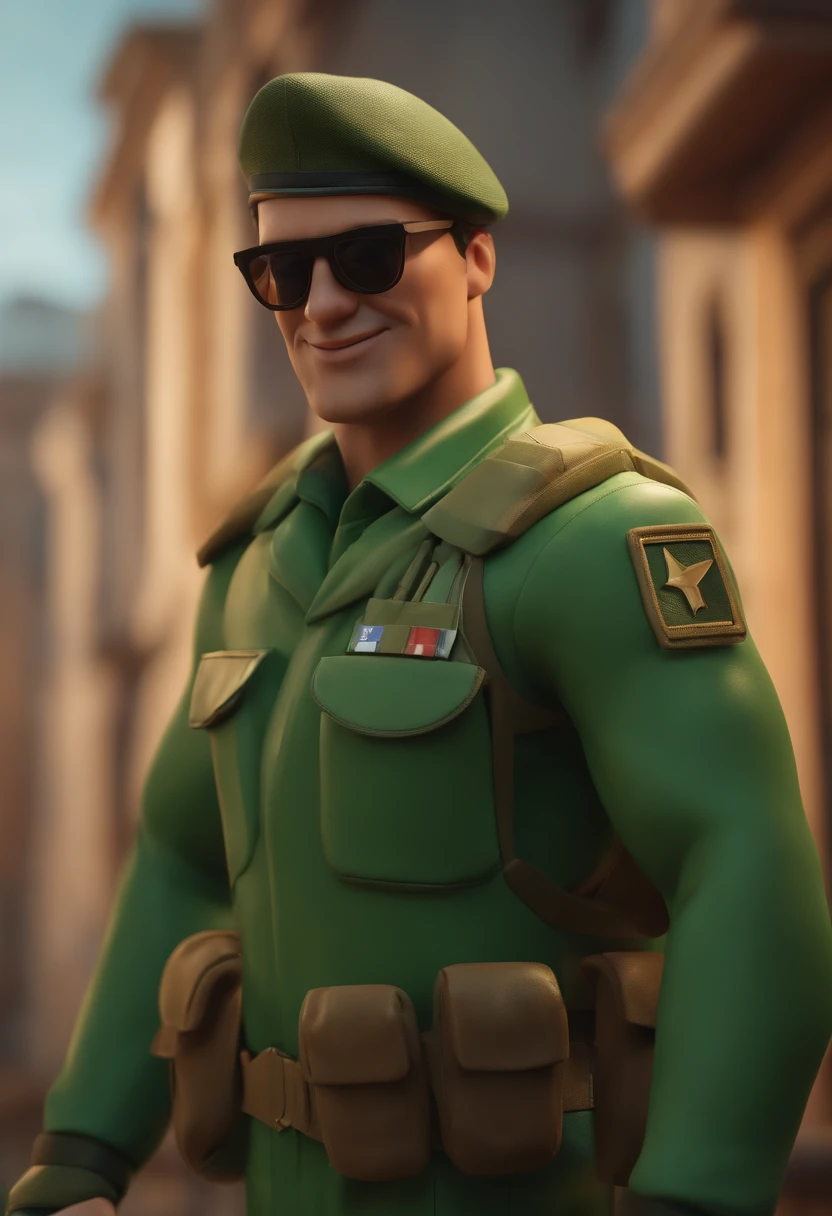 Cartoon character of a man with sunglasses with green flight suit, segurando fuzil, sorrindo, tripulante operacional, colete modular, special forces, militar, animation character, Caractere estilizado, animation style rendering, 3D estilizado, Arnold Maya render, 3 d render stylized, toon render keyshot, Personagem 3D, Personagem 3D, 3d rendering stylized, 3 d character render, personagem de desenho animado, Personagem de close up, Pose de personagem, (Estilo Pixar) (master part:1.2) (Bokeh) (best quality) (pele detalhada) (textura detalhada) (8k) (argila) (Cinematic lighting) (foco nítido