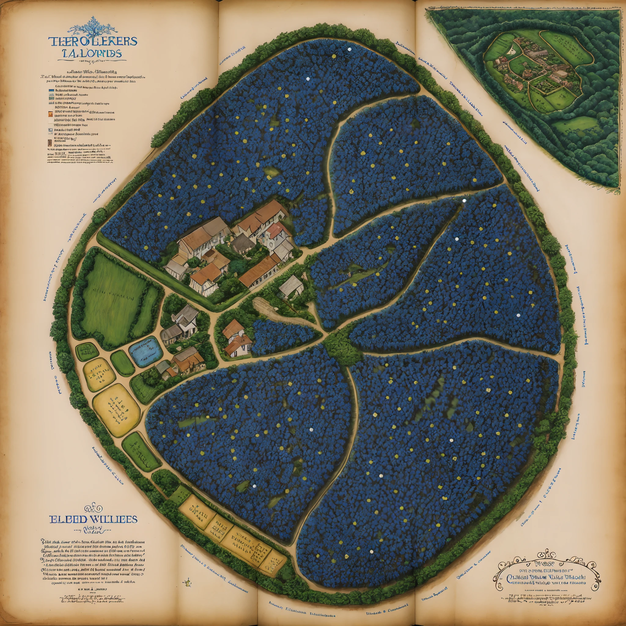 Fantasy map of Eldenbrook and its surroundings, showcasing key landmarks and directions. The map features a charming village on the edge of a dense forest, with orchards dotting the landscape. The Whispering Woods are depicted with intricate tree illustrations, and a meandering brook flows through the village. Surrounding the village are vast fields of blue oats, marked by gentle blue flowers. A few trails lead in and out of the village, hinting at trade routes. The map has a whimsical, hand-drawn style, with labels for major locations such as Eldenbrook, the Whispering Woods, and the Blue Oat Fields. Illustration.