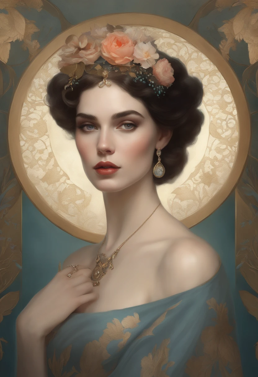 Close up retrato da mulher no vestido azul e coroa da flor, Mucha Klimt e tom bagshaw, tom bagshaw Art Style, tom bagshaw Style, Portrait of tom bagshaw, tom bagshaw, tom bagshaw, Beeple e Jeremias Ketner, Beeple e Alphonse Mucha, tom bagshaw ) ) ),fantasia