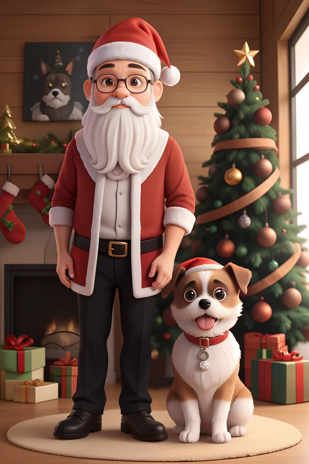 Uma homem de 30 anos, com cabelo preto bem curto, black cap, Rosto redondo, rosto redondo com soriso encantador, e olhos castanhos claros, round glasses, barba, charmoso, With Christmas Trees, quebra nozes, Christmas decorations and small shih-tzu dog, pelagem clara com manchas marrom e gorro de papai noel.