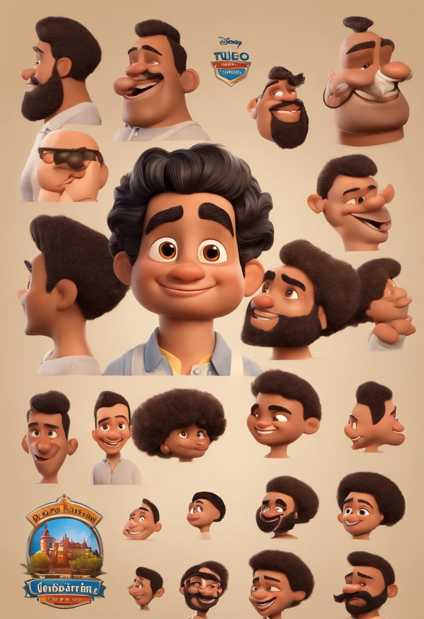 Create a Disney PIXAR-style 3D poster. ((Um barbeiro cortando o cabelo de um cliente )), ((em uma barbearia )) ((Barber's big hair and tattoos on his arm and a written badge (( Léo Ferreira)), They're happy,O barbeiro tem pele castanha e cabelos castanhos claros e olhos castanhos escuros, o cliente tem pele clara, olhos e cabelos escuros e lisos)) ((tudo isso no estilo Disney PIXAR 3D, Soul Film Studio , 3D render RTX material de argila, estilo de design cartunesco, POP Mart, soft lighting, linhas suaves, Spring tilt, Detailed illustrations of PIXAR 3D, Detalhes hiper-realistas, cor quente no estilo Disney PIXAR 3D))