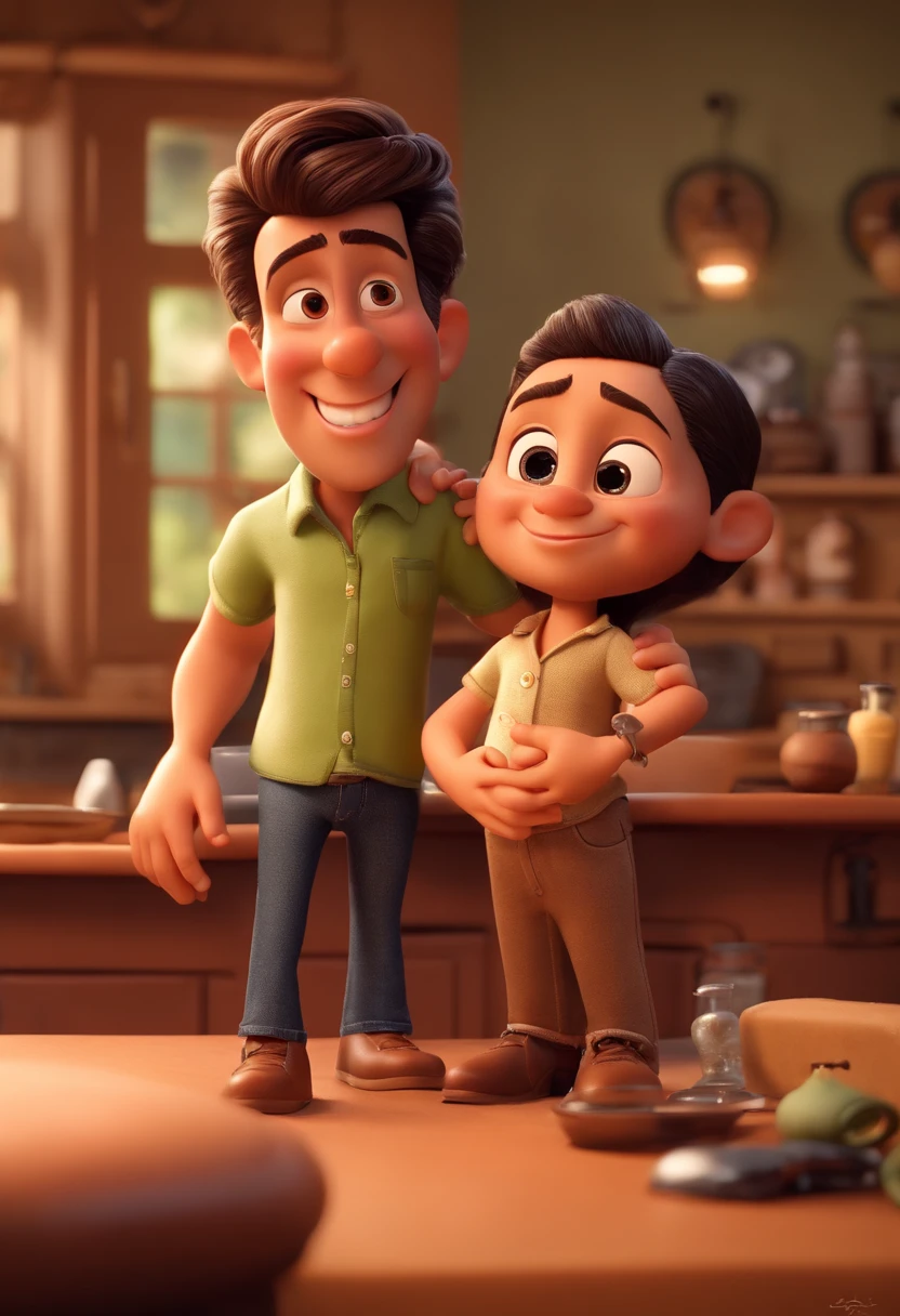Create a Disney PIXAR-style 3D poster. ((Um barbeiro cortando o cabelo de um cliente )), ((em uma barbearia )) ((Barber's big hair and tattoos on his arm and a written badge (( Léo Ferreira)), They're happy,O barbeiro tem pele castanha e cabelos castanhos claros e olhos castanhos escuros, o cliente tem pele clara, olhos e cabelos escuros e lisos)) ((tudo isso no estilo Disney PIXAR 3D, Soul Film Studio , 3D render RTX material de argila, estilo de design cartunesco, POP Mart, soft lighting, linhas suaves, Spring tilt, Detailed illustrations of PIXAR 3D, Detalhes hiper-realistas, cor quente no estilo Disney PIXAR 3D))
