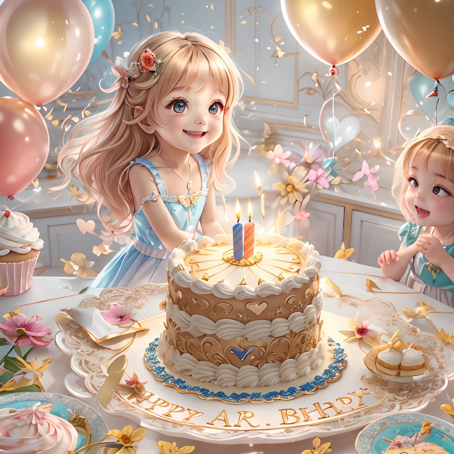 Blessings from angels、Bright background、Heart Mark、happy birthay、Tenderness、A smile、、Fantastic fairytale birthday cake plate,A high resolution