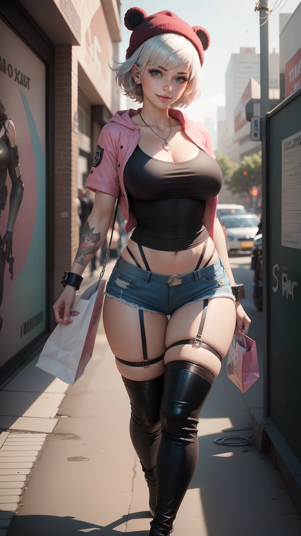 gwen tennyson,tracer,yorha 2b,y'shtola rhul,overwatch,nier automata,mecha pilot,shopping center,tattoos,orange and pink plugsuit,white short sleeve top,denim micro shorts,chain garter belt, uncovered belly,short hair,cute makeup,green eyes,multicolored silver hair,sexy smile,freckles,beautiful girl,large breasts,8k,ultra detailed, realistic,fantasy art,skater uniform,ear piercings,cyberpunk suit,saiyan girl, saiyan female,pink short sleeve sport hoodie,bear ear beanie,graffiti wall art,walking,chain belt,goth necklace, thigh high boots,