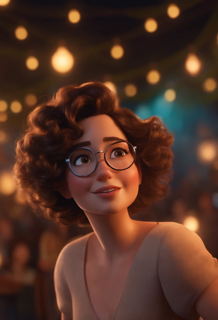 Pixar style image with 3D character white glasses brunette woman short curly hair dancing, Maquiagem Disney,Pescador, bonitinho, sorridente ,Close-up, Pixar, Disney, Cinema lighting,
