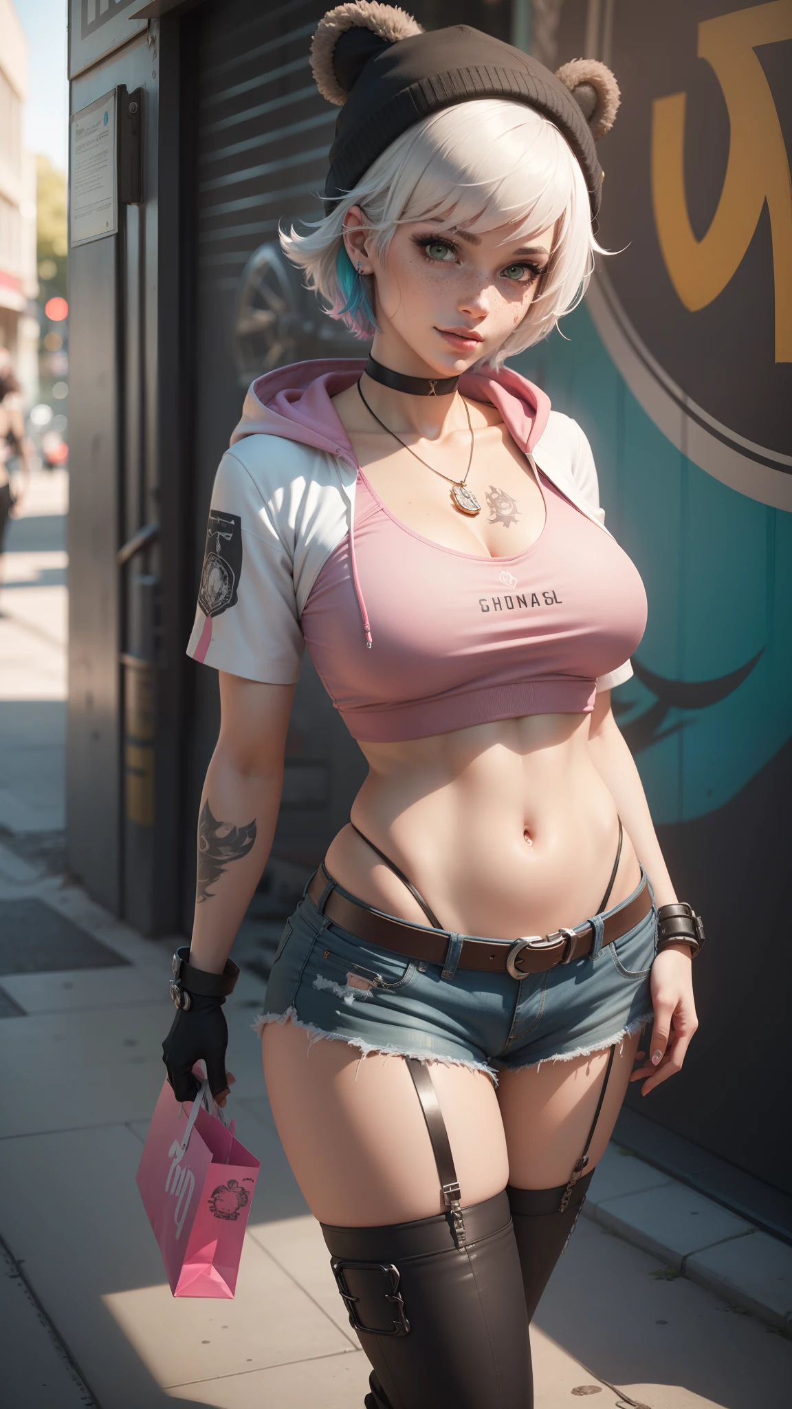 gwen tennyson,tracer,yorha 2b,y'shtola rhul,overwatch,nier automata,mecha pilot,shopping center,tattoos,orange and pink plugsuit,white short sleeve top,denim micro shorts,chain garter belt, uncovered belly,short hair,cute makeup,green eyes,multicolored silver hair,sexy smile,freckles,beautiful girl,large breasts,8k,ultra detailed, realistic,fantasy art,skater uniform,ear piercings,cyberpunk suit,saiyan girl, saiyan female,pink short sleeve sport hoodie,bear ear beanie,graffiti wall art,walking,chain belt,goth necklace, thigh high boots,