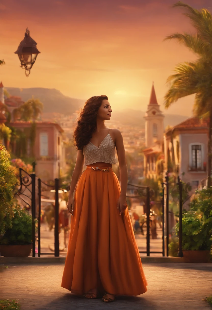 I'd like a Disney-style animation
Pixar.
The setting is in the city of Uberlândia.
The main character is a 34-year-old woman, jovem, sorridente, com cabelo loiro e liso, olhos verdes, um cabelo longo. Animation needs to be full-length, The skirt is long and hippie style. wears sandals, usa um croped preto, com um colar pequeno e usa brincos de pena.
ela tem um gato branco, um laranja e um preto.