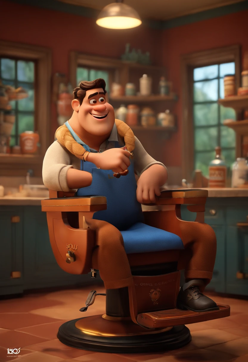 Create a Disney PIXAR-style 3D poster. ((Um barbeiro cortando o cabelo de um cliente )), ((em uma barbearia )) ((Barber's big hair and tattoos on his arm and a written badge (( Léo Ferreira)), O barbeiro tem pele castanha e cabelos castanhos claros e olhos castanhos escuros, o cliente tem pele clara, olhos e cabelos escuros e lisos)) ((tudo isso no estilo Disney PIXAR 3D, Soul Film Studio , 3D render RTX material de argila, estilo de design cartunesco, POP Mart, soft lighting, linhas suaves, Spring tilt, Detailed illustrations of PIXAR 3D, Detalhes hiper-realistas, cor quente no estilo Disney PIXAR 3D))