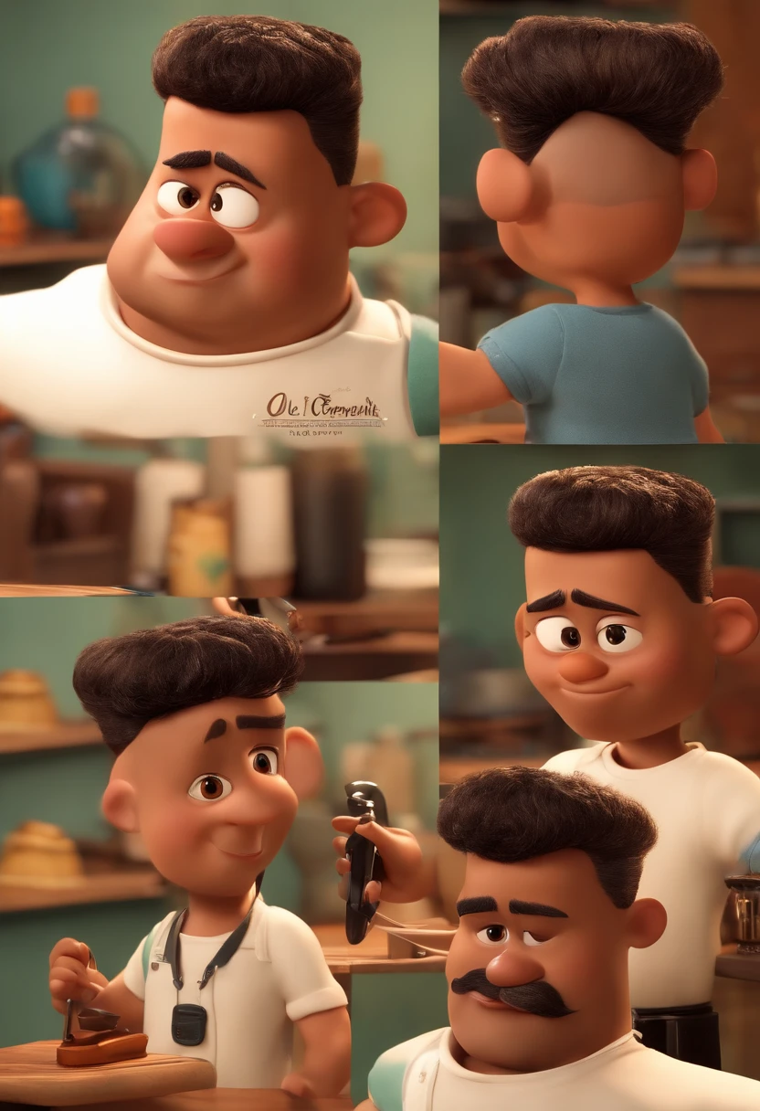 Create a Disney PIXAR-style 3D poster. ((Um barbeiro cortando o cabelo de um cliente )), ((em uma barbearia )) ((Barber's big hair and tattoos on his arm and a written badge (( Léo Ferreira)), O barbeiro tem pele castanha e cabelos castanhos claros e olhos castanhos escuros, o cliente tem pele clara, olhos e cabelos escuros e lisos)) ((tudo isso no estilo Disney PIXAR 3D, Soul Film Studio , 3D render RTX material de argila, estilo de design cartunesco, POP Mart, soft lighting, linhas suaves, Spring tilt, Detailed illustrations of PIXAR 3D, Detalhes hiper-realistas, cor quente no estilo Disney PIXAR 3D))