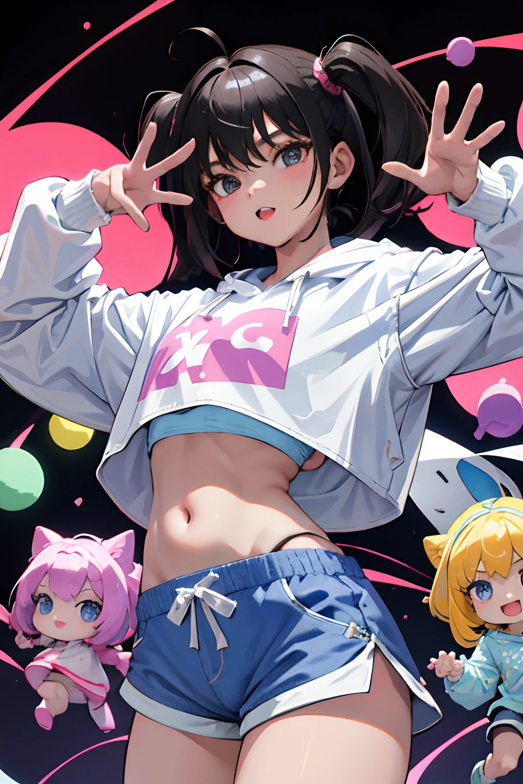 (*****)，（​masterpiece，Highest Quality），Crop Top Look，Pastel Hoodie，(Gingham Check Shorts)，A dark-haired，Twin-tailed，World of toys