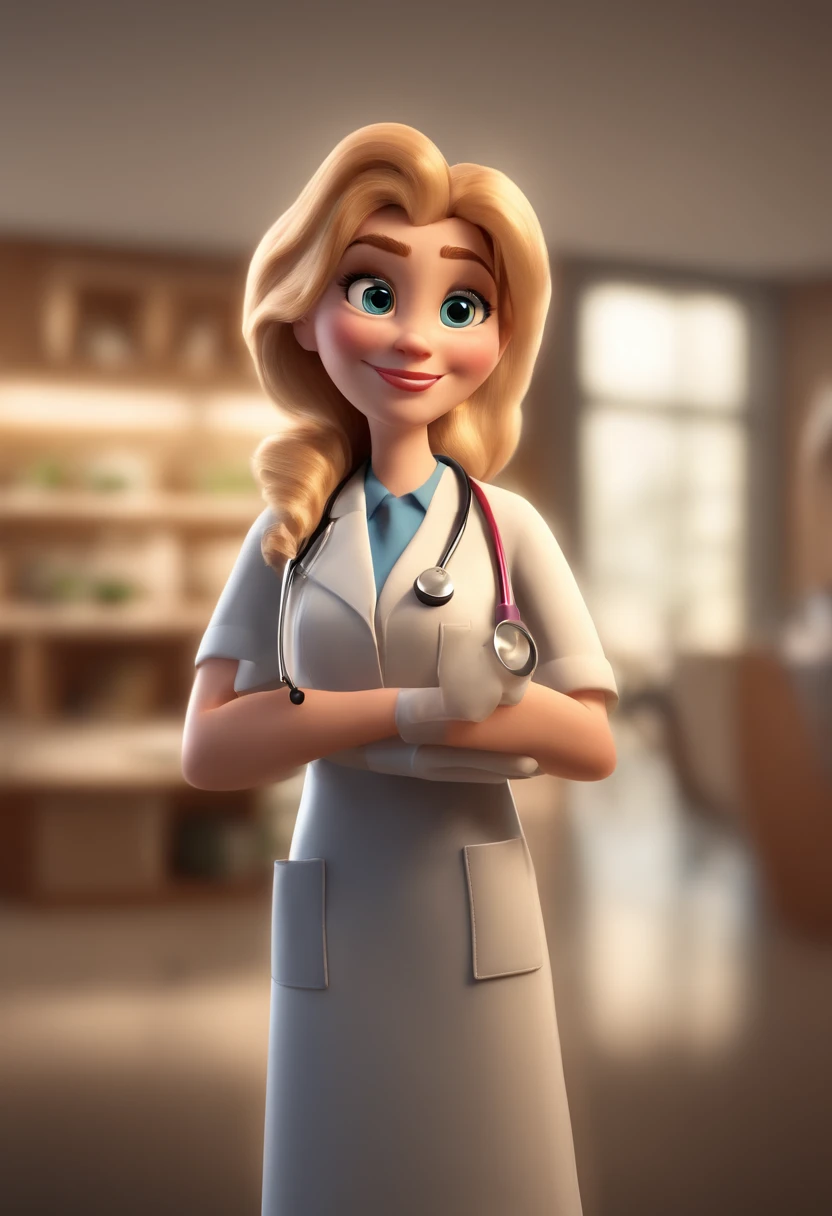 Cartoon character of a doctor with black eyes and big eyelashes, boca desenhada e nariz fino, with blonde and medium wavy hair, Inside a Clinical Animation Character, Caractere estilizado, animation style rendering, 3D estilizado, Arnold Maya render, 3 d render stylized, toon render keyshot, Personagem 3D, Personagem 3D, 3d rendering stylized, 3 d character render, personagem de desenho animado, Personagem de close up, Pose de personagem, (Estilo Pixar) (master part:1.2) (Bokeh) (best quality) (pele detalhada) (textura detalhada) (8k) (argila) (Cinematic lighting) (foco nítido