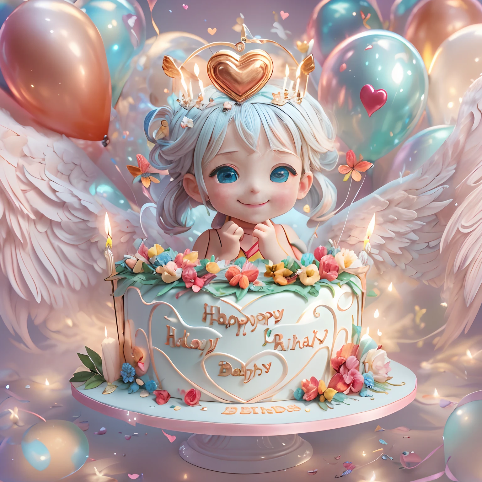 Blessings from angels､Bright background、Heart Mark、happy birthay、Tenderness､A smile、Fantastic fairytale birthday cake，Luminism, Hyperrealism, Ghibli-like colours, first-person view, UHD, anatomically correct, textured skin, masterpiece, high details, super detail, highres