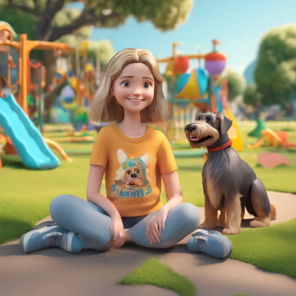 Maura is a smiling 55-year-old human girl, com seu fiel amigo, thor, o cachorro schnauzer, Smiling standing in a playground with children playing