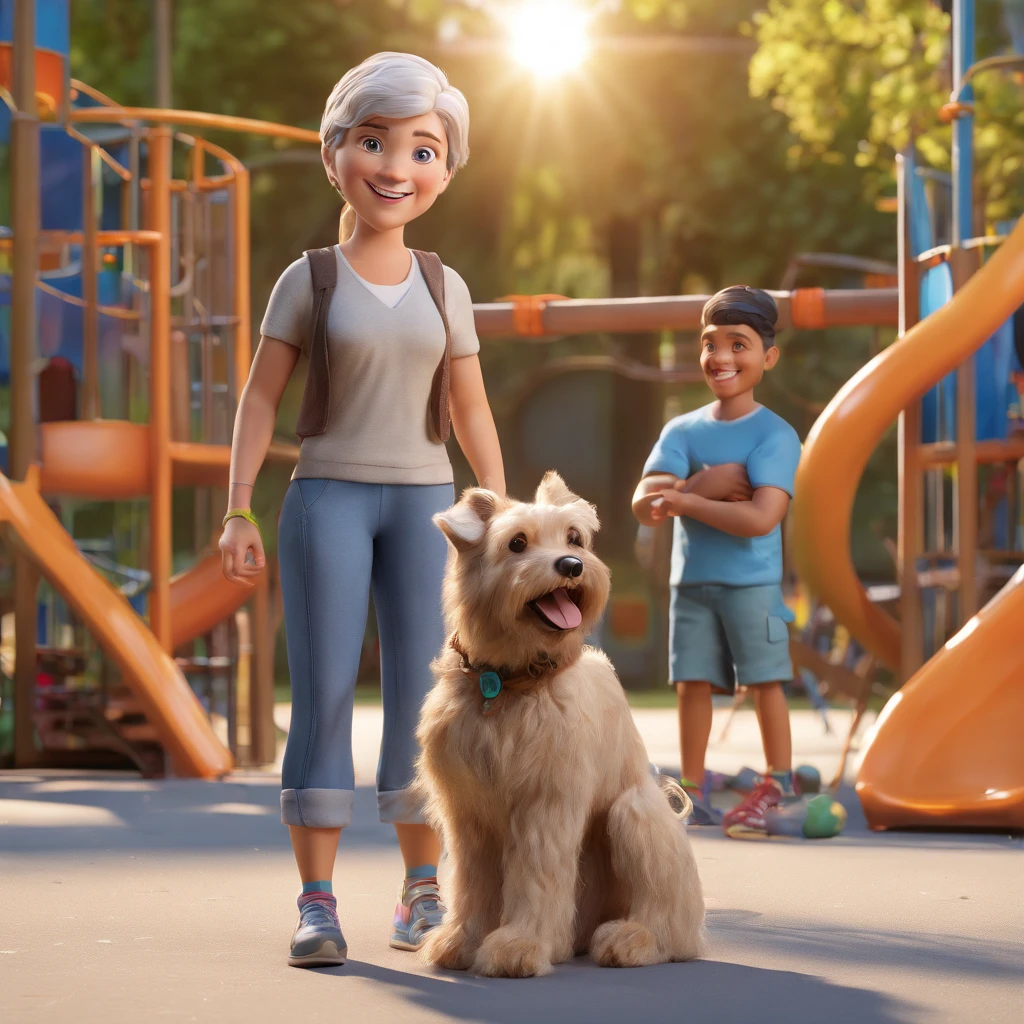 Maura is a smiling 55-year-old human girl, com seu fiel amigo, thor, o cachorro schnauzer, Smiling standing in a playground with children playing