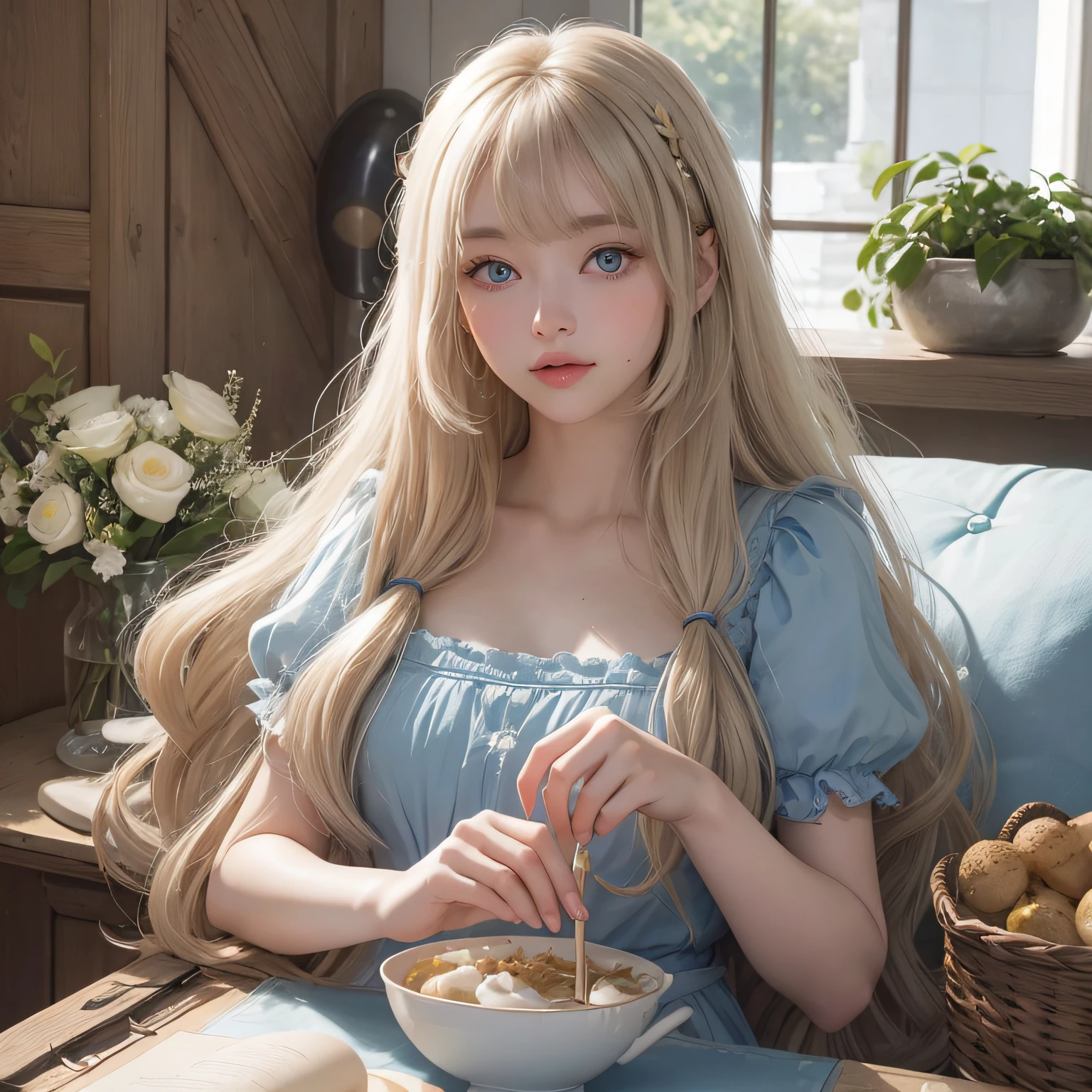 bright expression、photorealisim、top-quality、超A high resolution、a picture、Photo of an exquisitely beautiful Nordic-born girl、Extraordinary beautiful girl、Detailed cute and beautiful face、(pureerosface_v1:0.008)、Beautiful bangs、alice in the wonderland、18year old、Glowing white shiny skin、facial hairs、Bangs that extend to the face、Bangs between the eyes、Super long hair、Attractive light and dark platinum blonde super long straight silky hair、finer hair、Attractive glowing beautiful bright clear light blue big eyes、White Apron、Yellow dress、eye liner、Double eyelids、Lush bust,2 girls in、Blue hair、