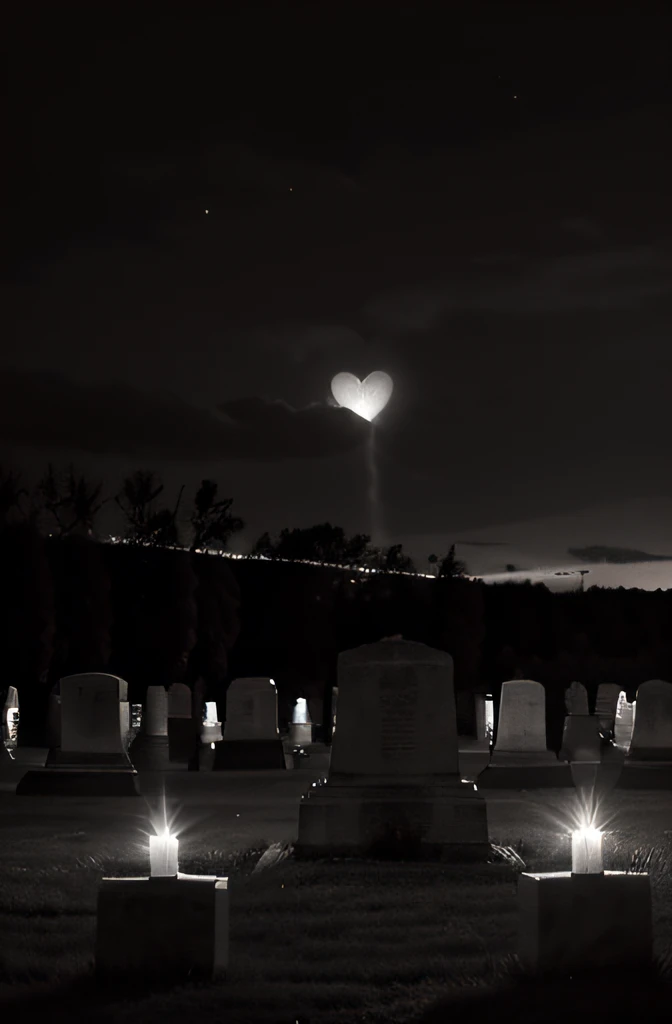 Create an image in tribute to Dia de Finados, a day to honor those who have passed but remain in our hearts and memories. Show heart-shaped candles in a photography style inspired by Ansel Adams, capturing a serene cemetery at dusk, with rich grayscale tones, somber expressions, soft lighting, and a contemplative atmosphere. --v 5 --stylize 1000