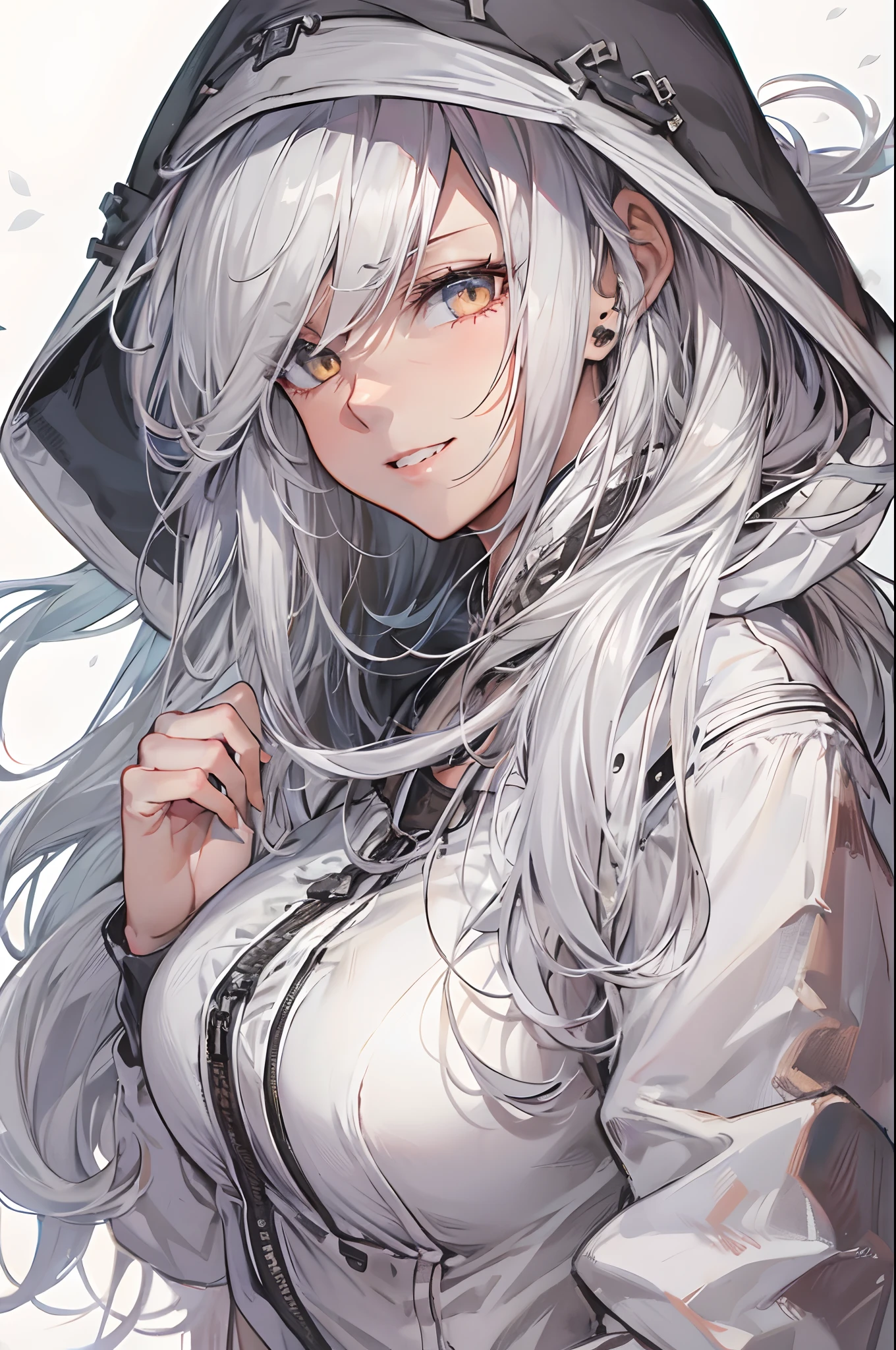 1girl, {solo}, upper body ,{{ {looking at viewer}}},  arm at side, concept art, white background, simple background, white hair, silver gradiient hair , complex  cloth, asymmetrical clothes, virtual youtuber, best quality, masterpiece, dynamic angle, guilty gear, guilty gear, guilty gear, cowboy_shot, looking_back, grabbing, girl,woman,female, young,20 years old, very long hair, flipped hair, silver hair, flowing hair, ahoge, smirk, beautiful and delicate golden eyes, teeth, medium_breasts, blonde eyes, white skin, coat, hoodie, black_shorts, grey Clothes, transparent_background, backlighting, absurdres, highres, ultra detailed,